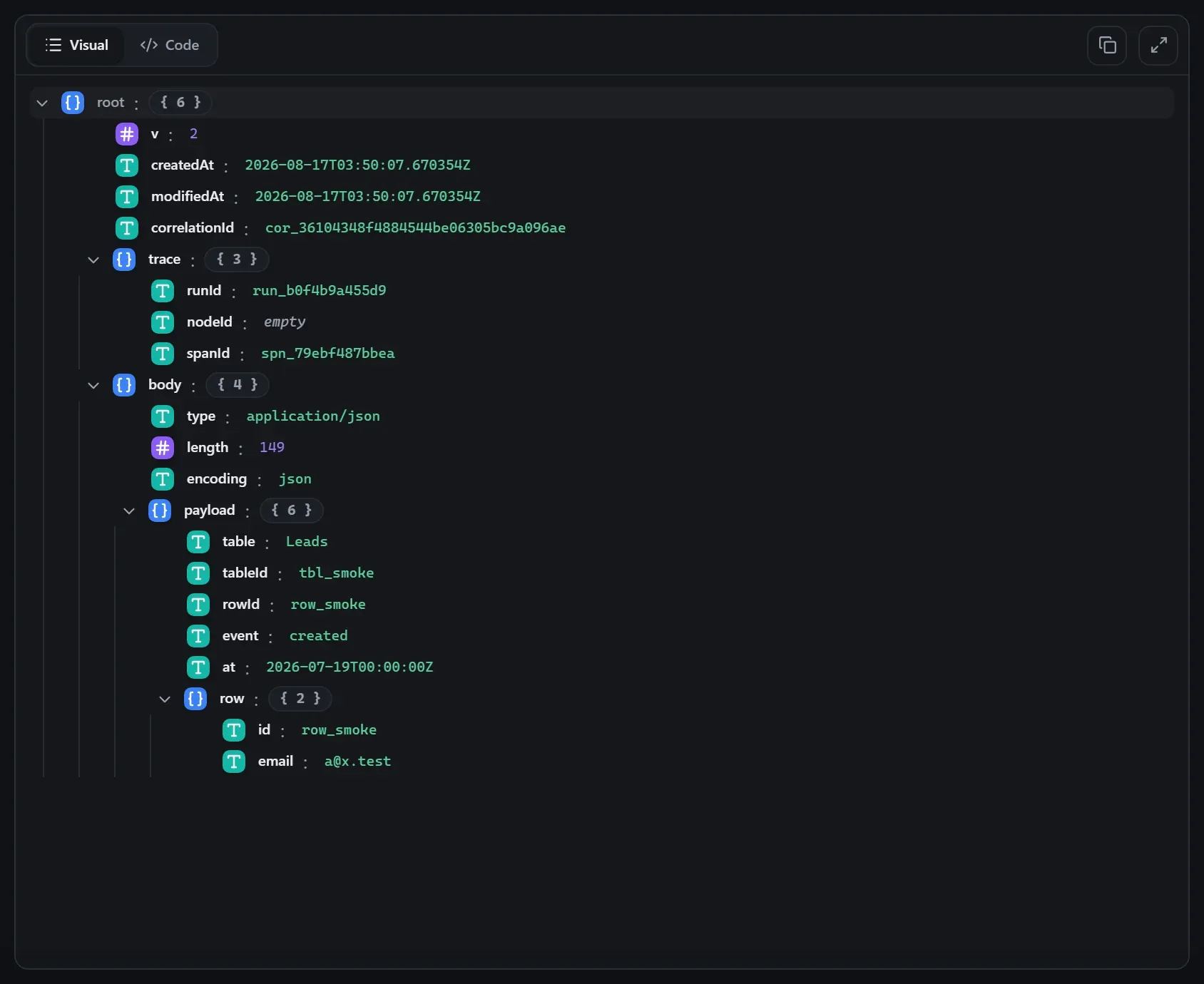 The Table Trigger node's input envelope in the run data viewer
