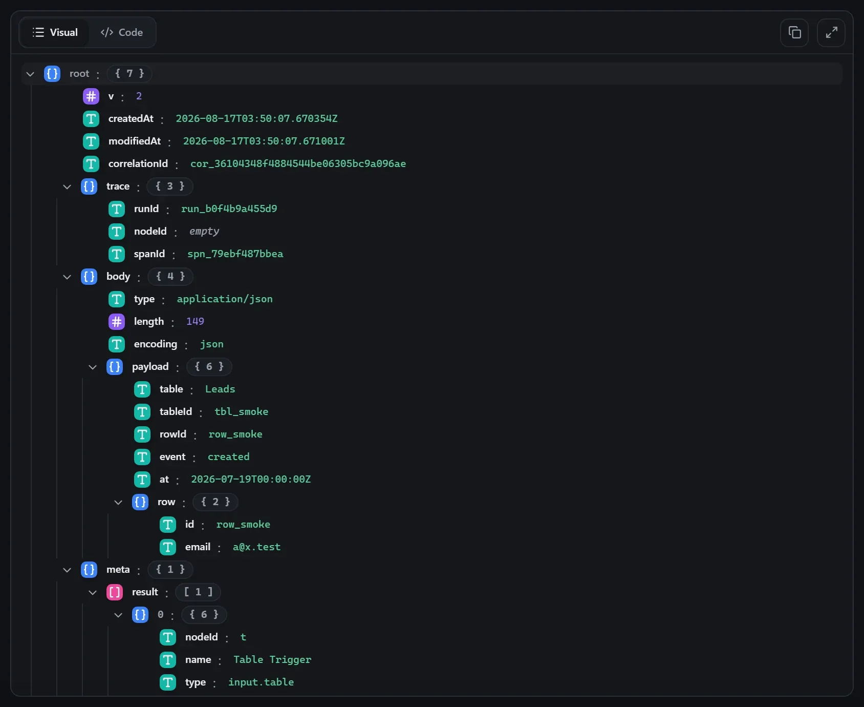 The Table Trigger node's output envelope in the run data viewer