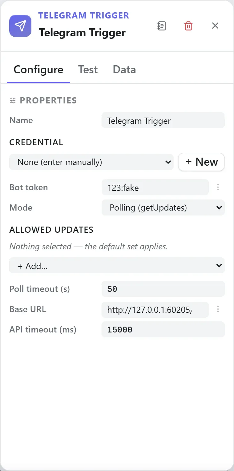 The Telegram Trigger node's settings in the Studio builder