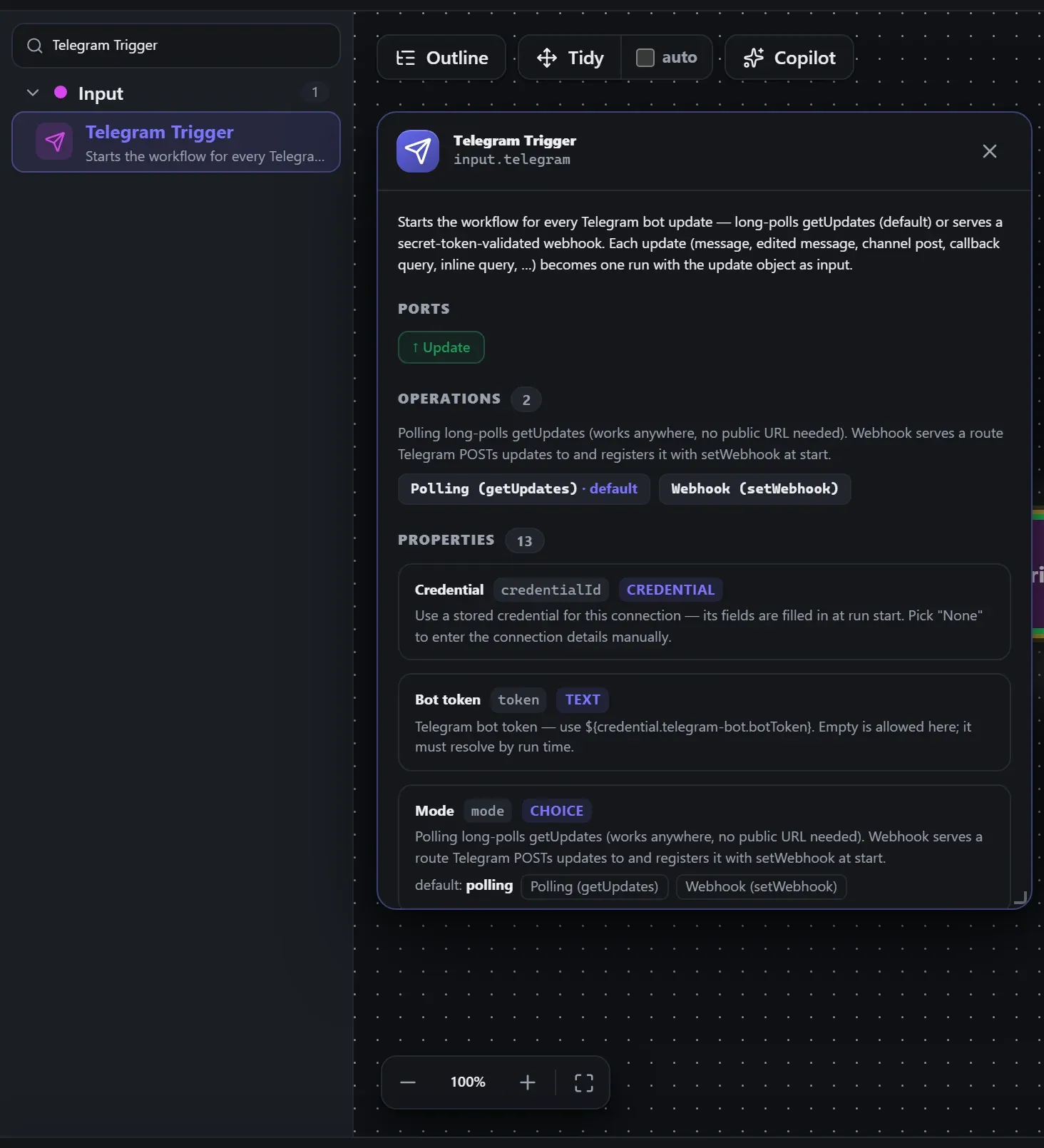 Telegram Trigger in the node library, with the in-editor docs panel open