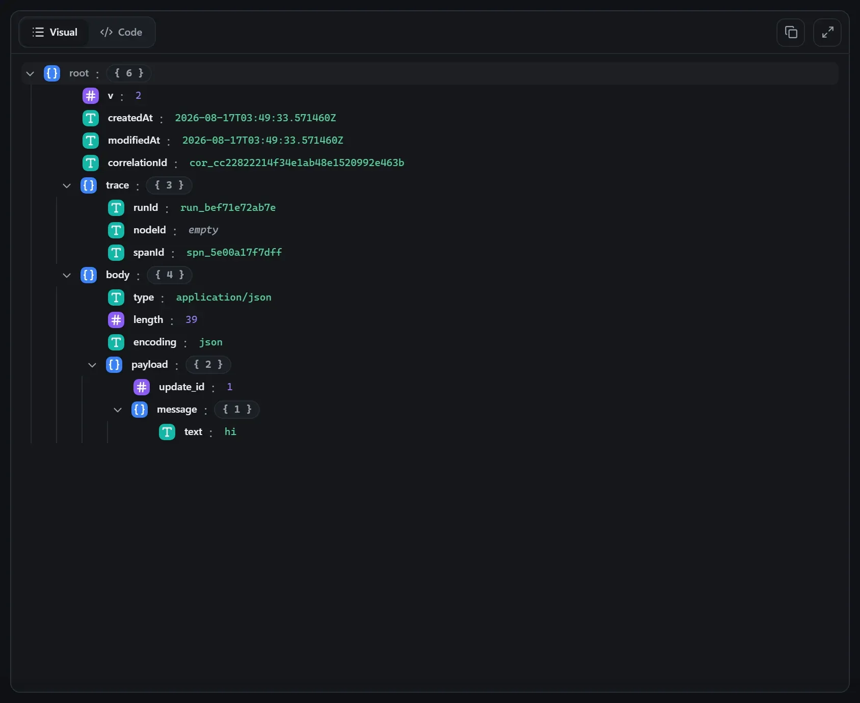 The Telegram Trigger node's input envelope in the run data viewer