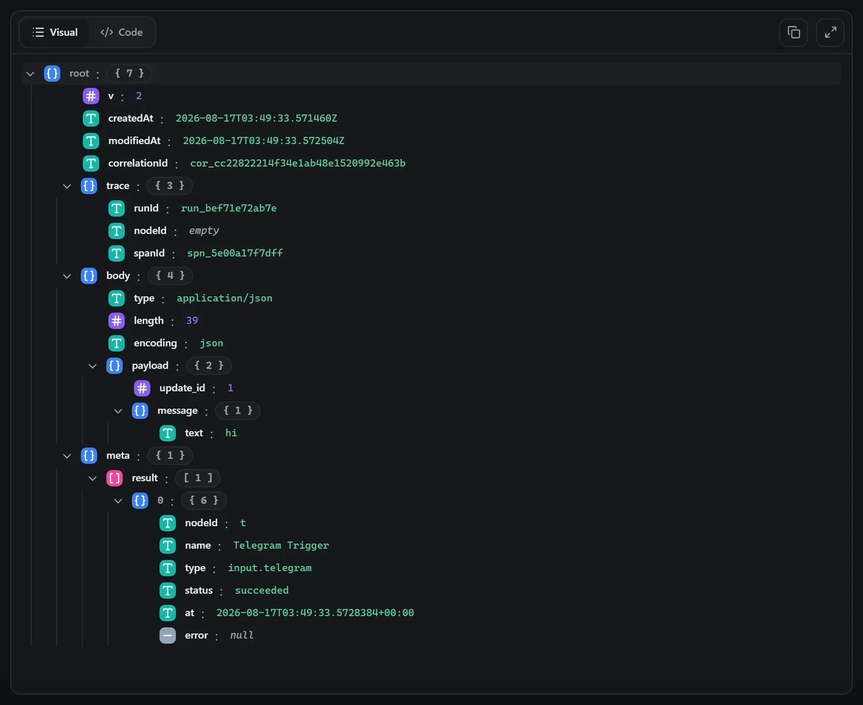 The Telegram Trigger node's output envelope in the run data viewer