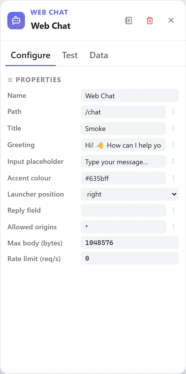 The Web Chat node's settings in the Studio builder