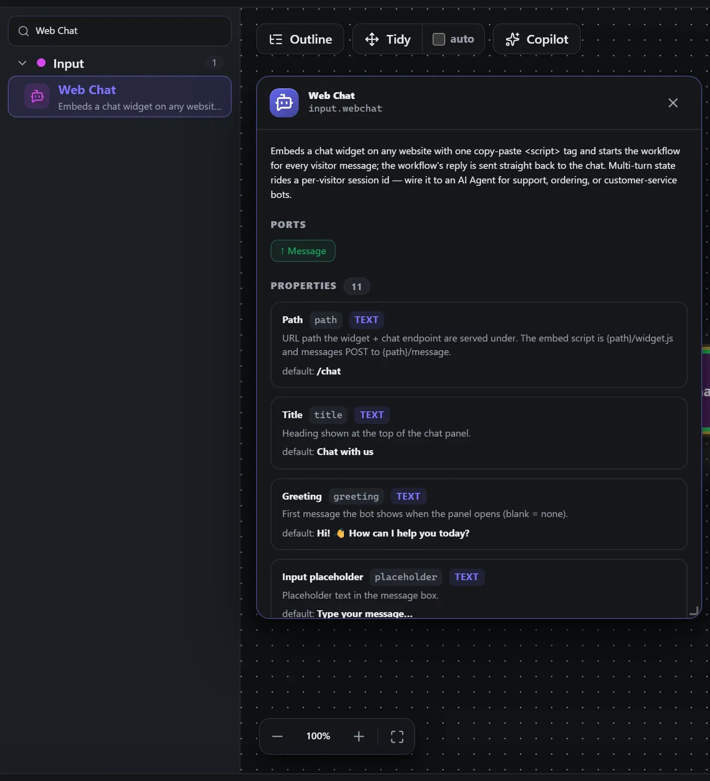 Web Chat in the node library, with the in-editor docs panel open