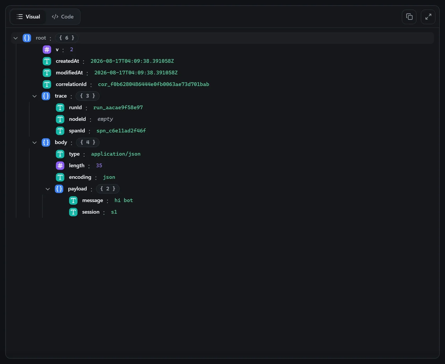 The Web Chat node's input envelope in the run data viewer
