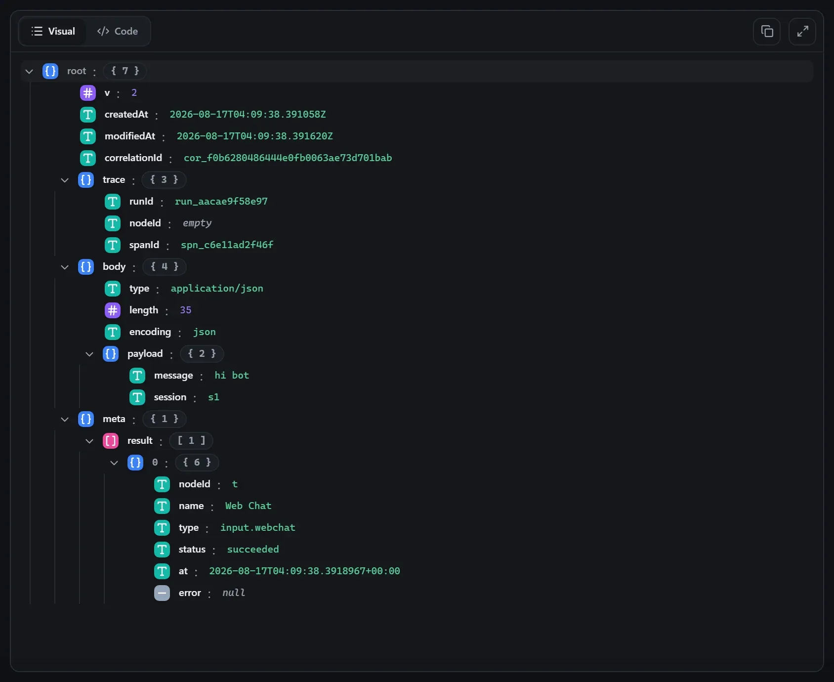 The Web Chat node's output envelope in the run data viewer