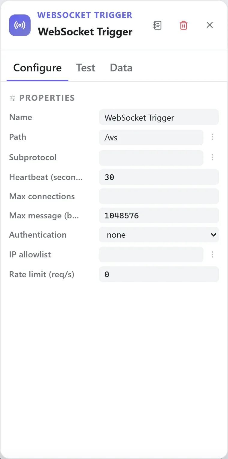 The WebSocket Trigger node's settings in the Studio builder