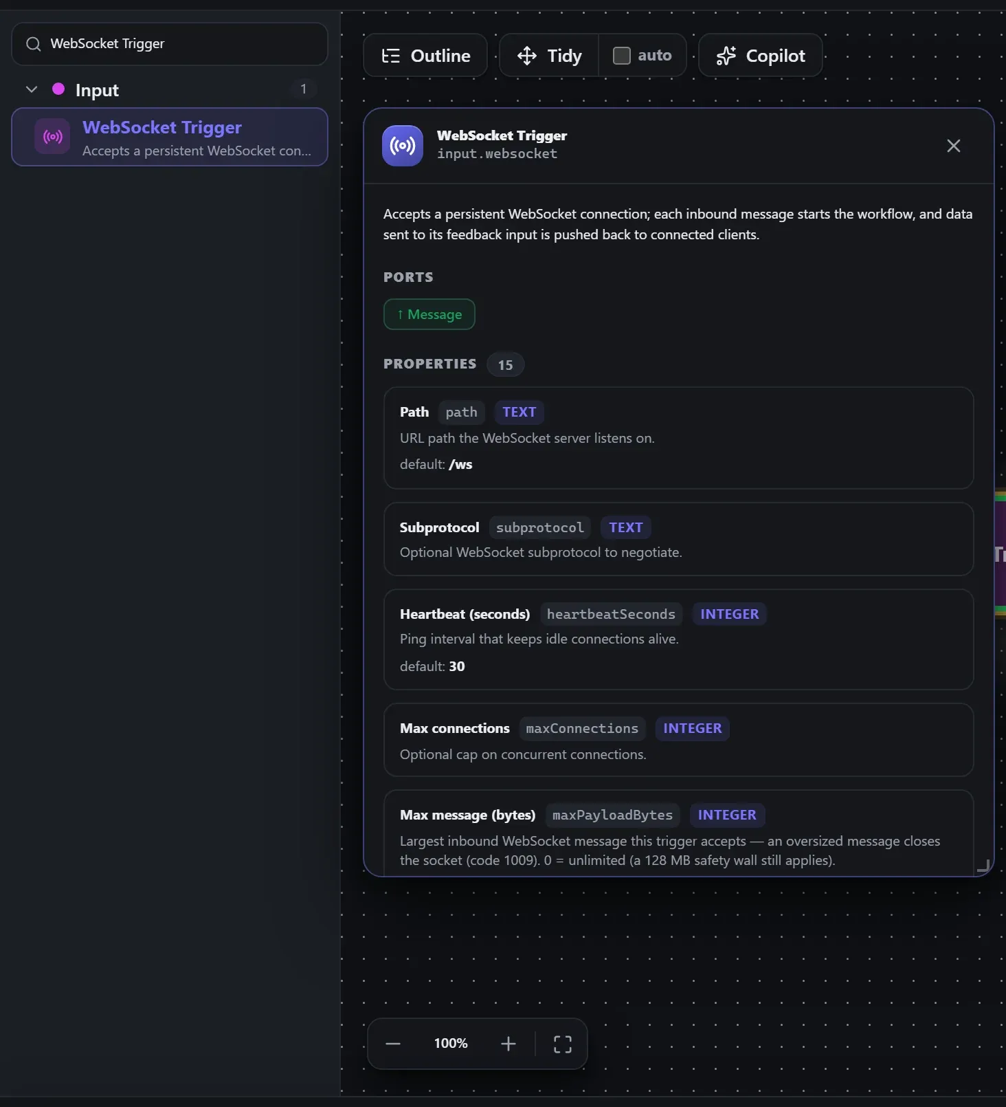 WebSocket Trigger in the node library, with the in-editor docs panel open