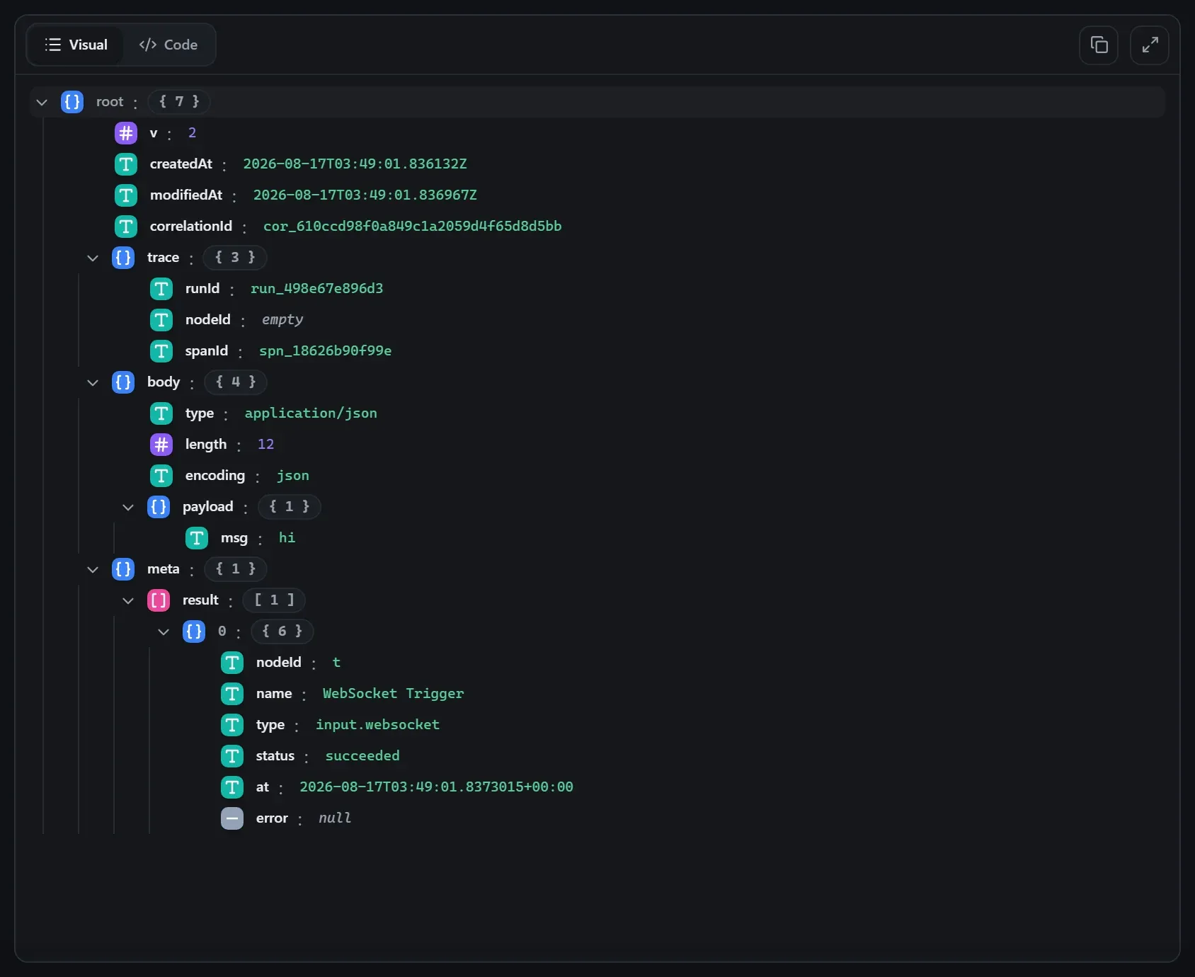 The WebSocket Trigger node's output envelope in the run data viewer