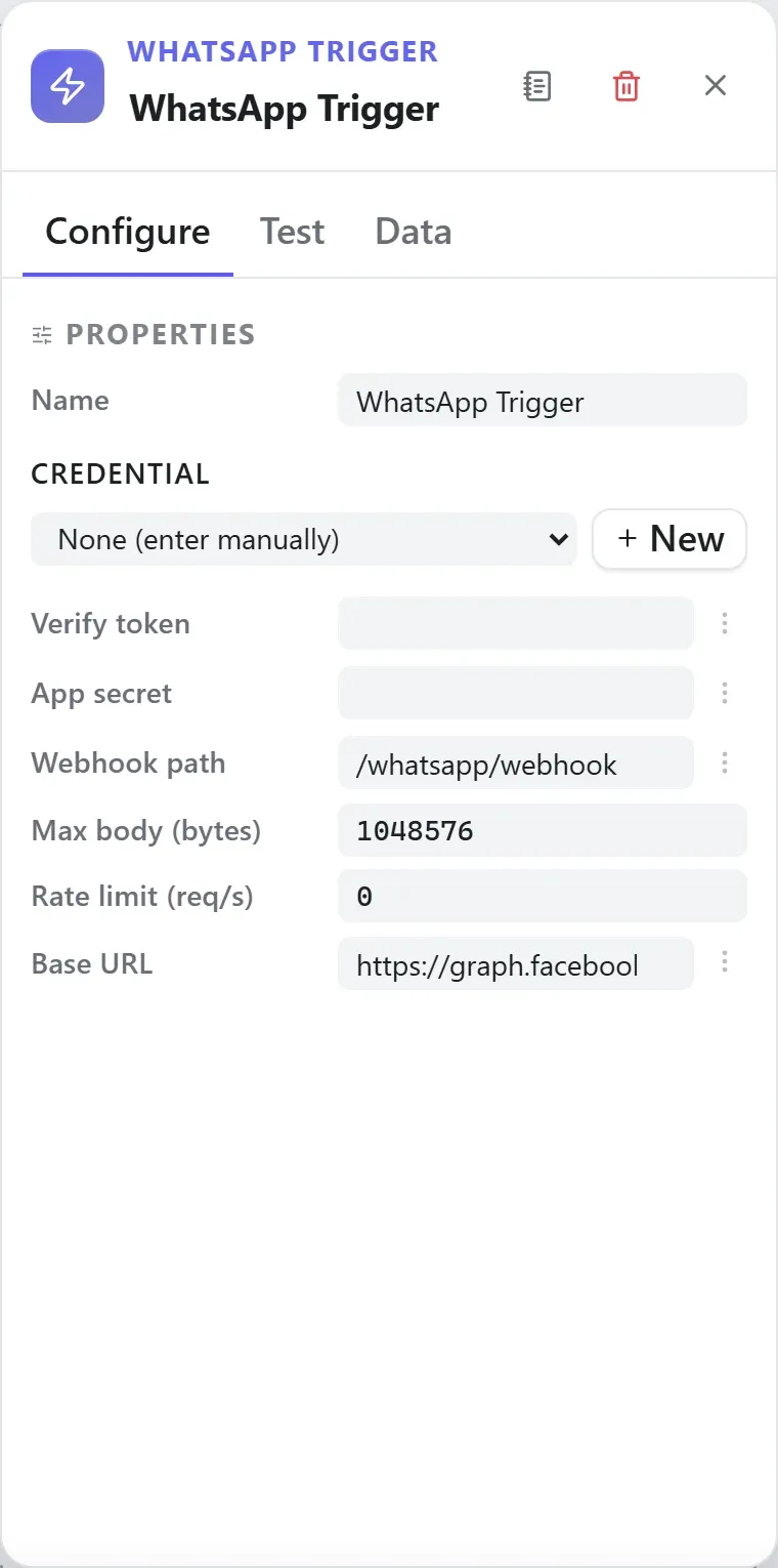 The WhatsApp Trigger node's settings in the Studio builder