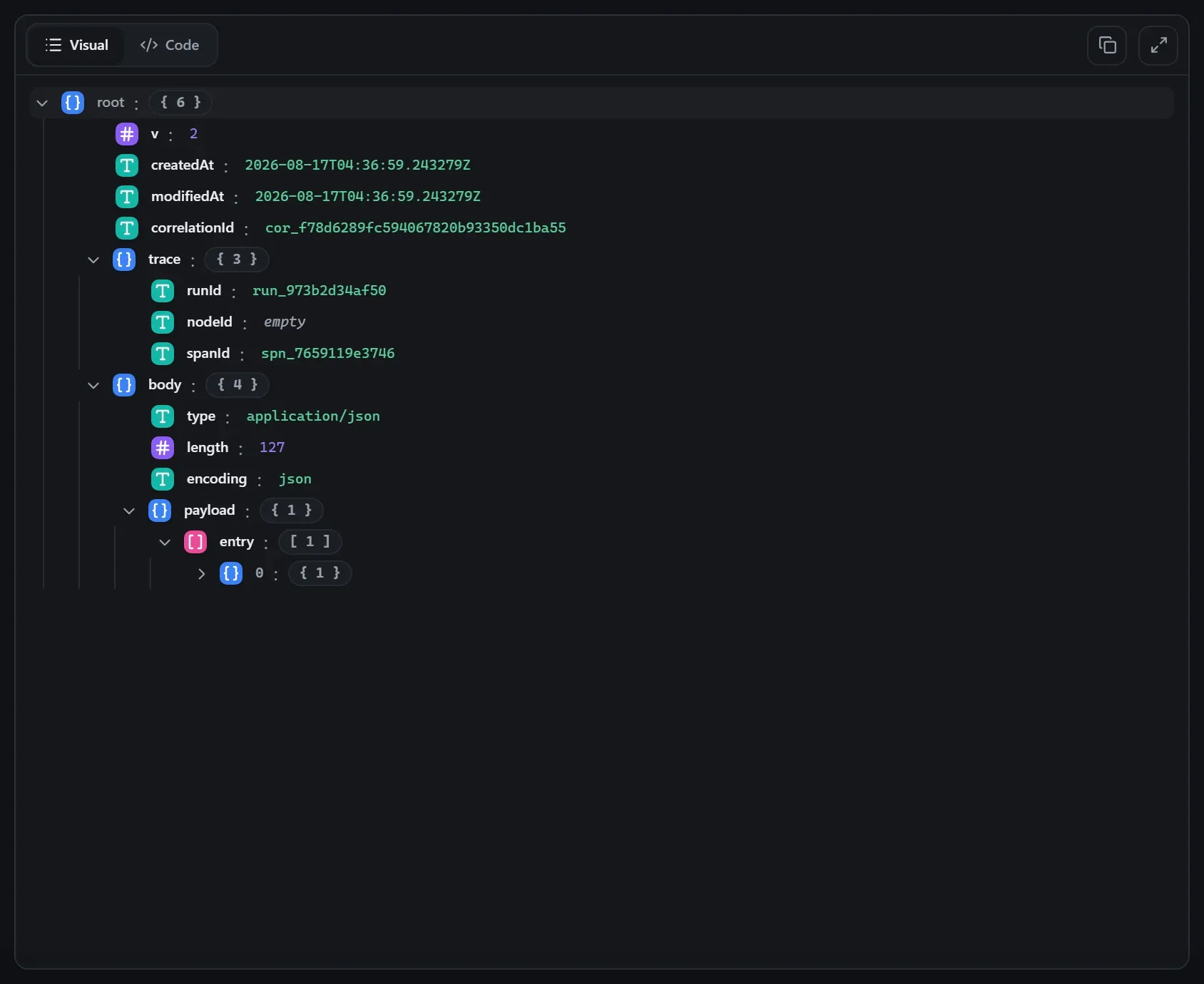 The WhatsApp Trigger node's input envelope in the run data viewer