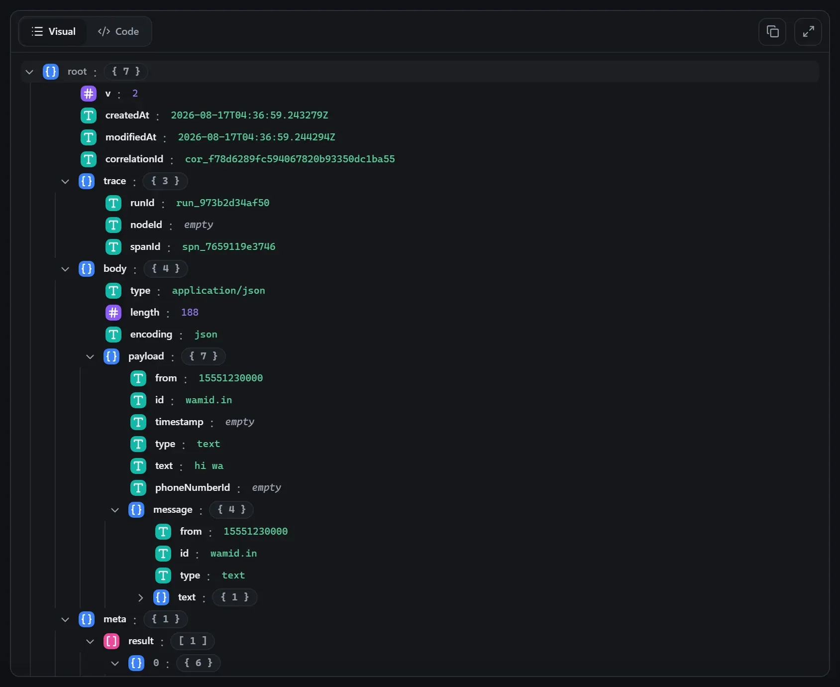 The WhatsApp Trigger node's output envelope in the run data viewer