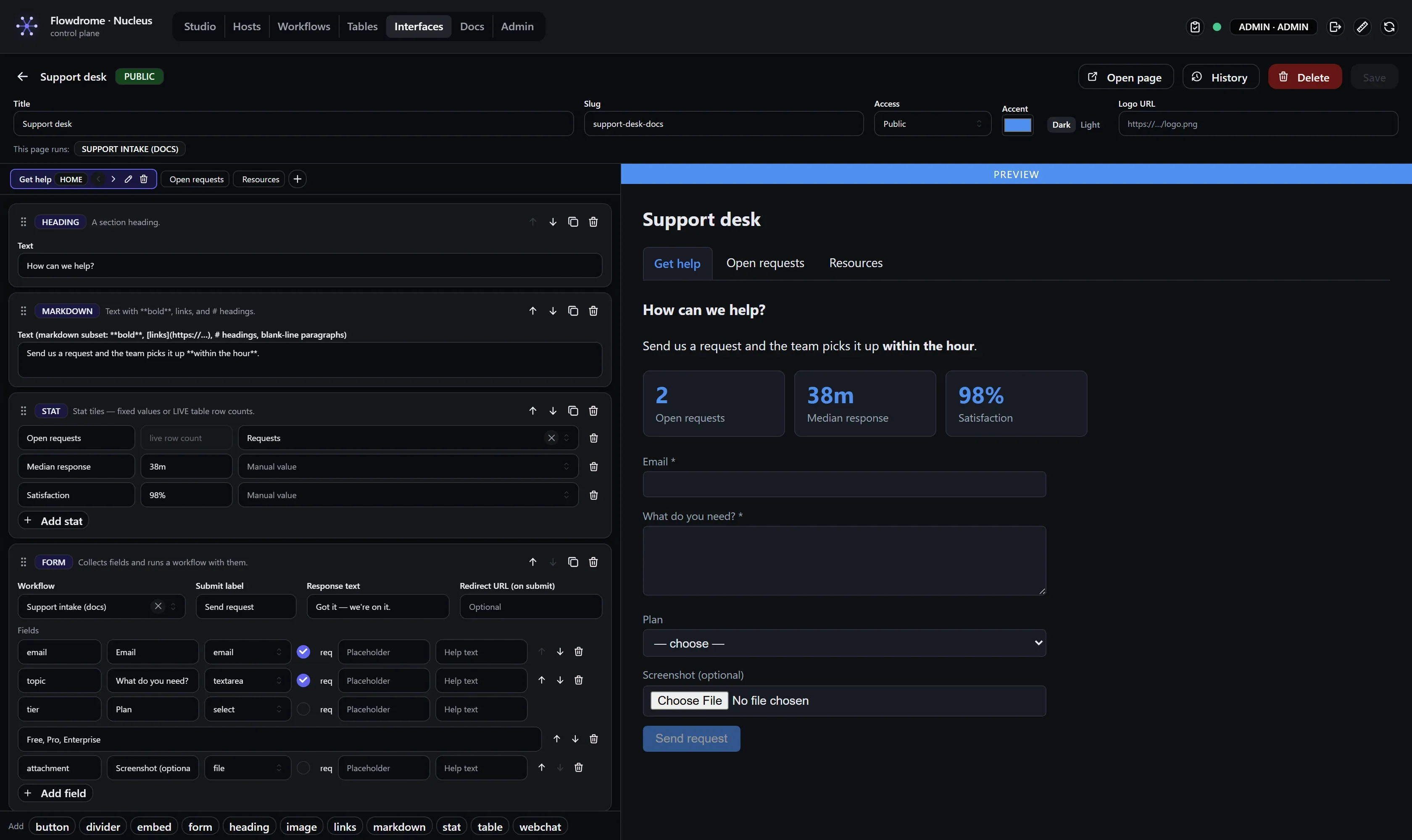 The Interfaces page builder: page tabs and block cards with inline configuration on the left, a live themed preview of the published page on the right