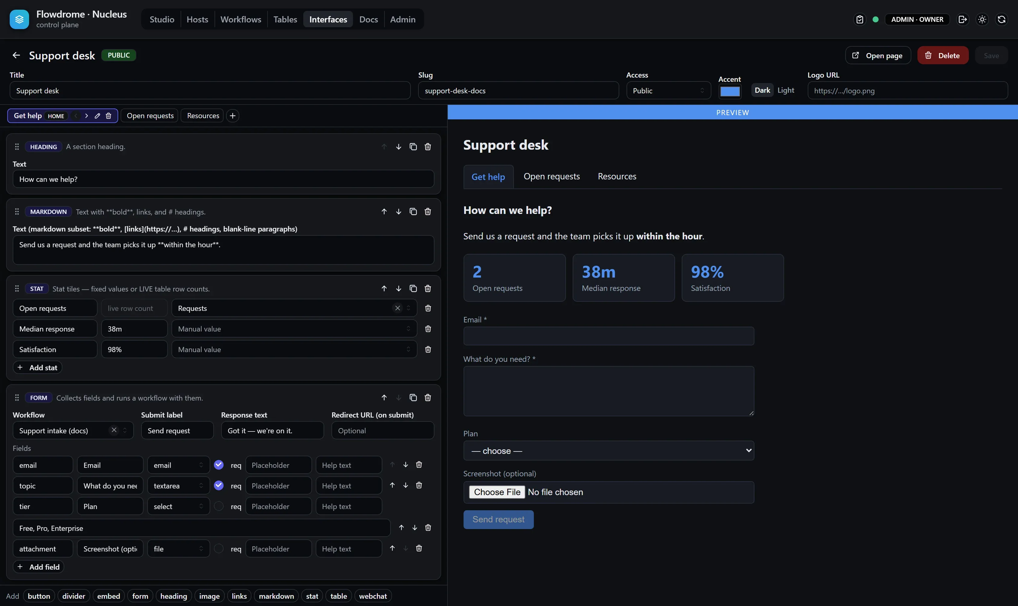 The Interfaces page builder: page tabs and block cards with inline configuration on the left, a live themed preview of the published page on the right