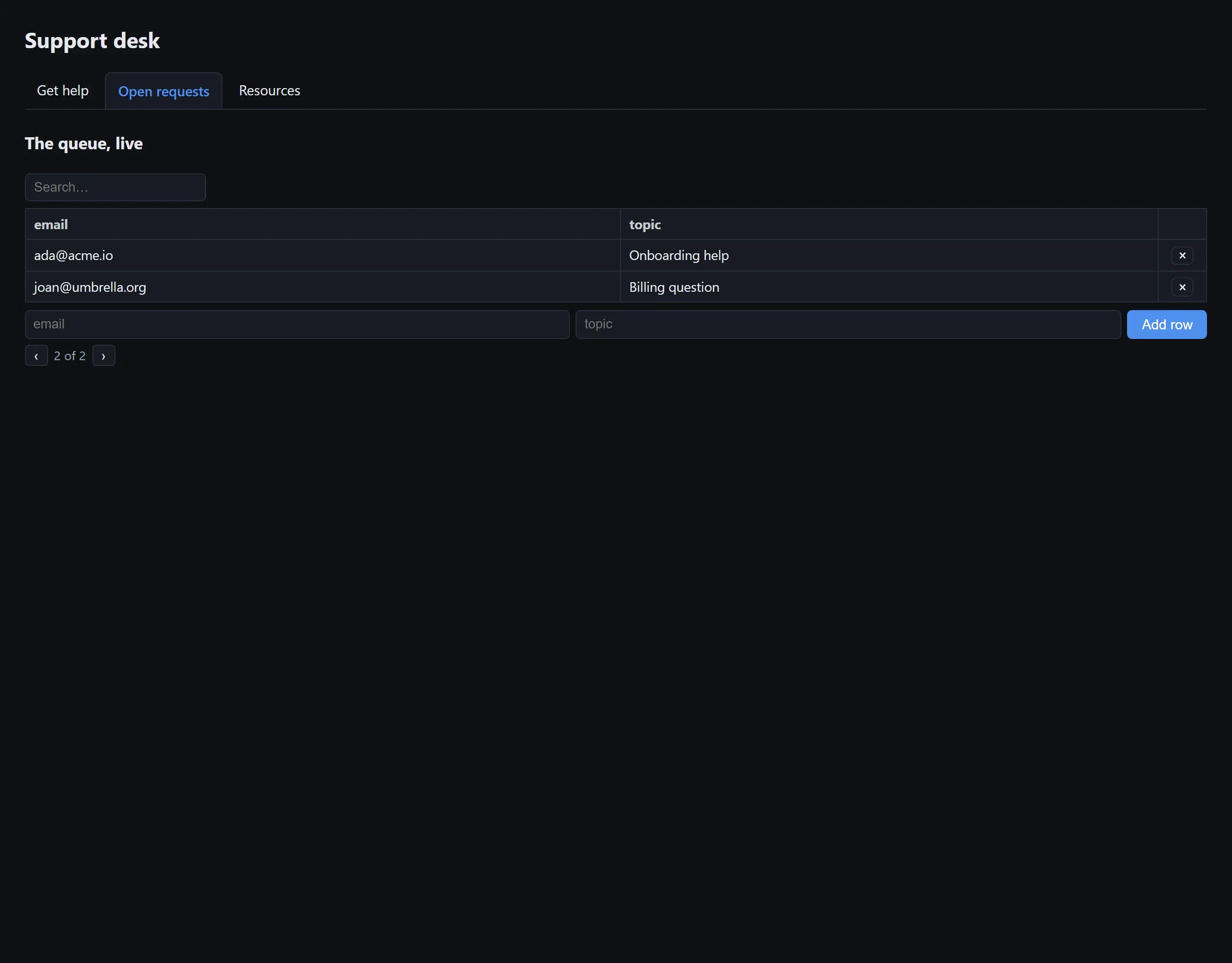 The portal's second page: a searchable, editable live table of requests
