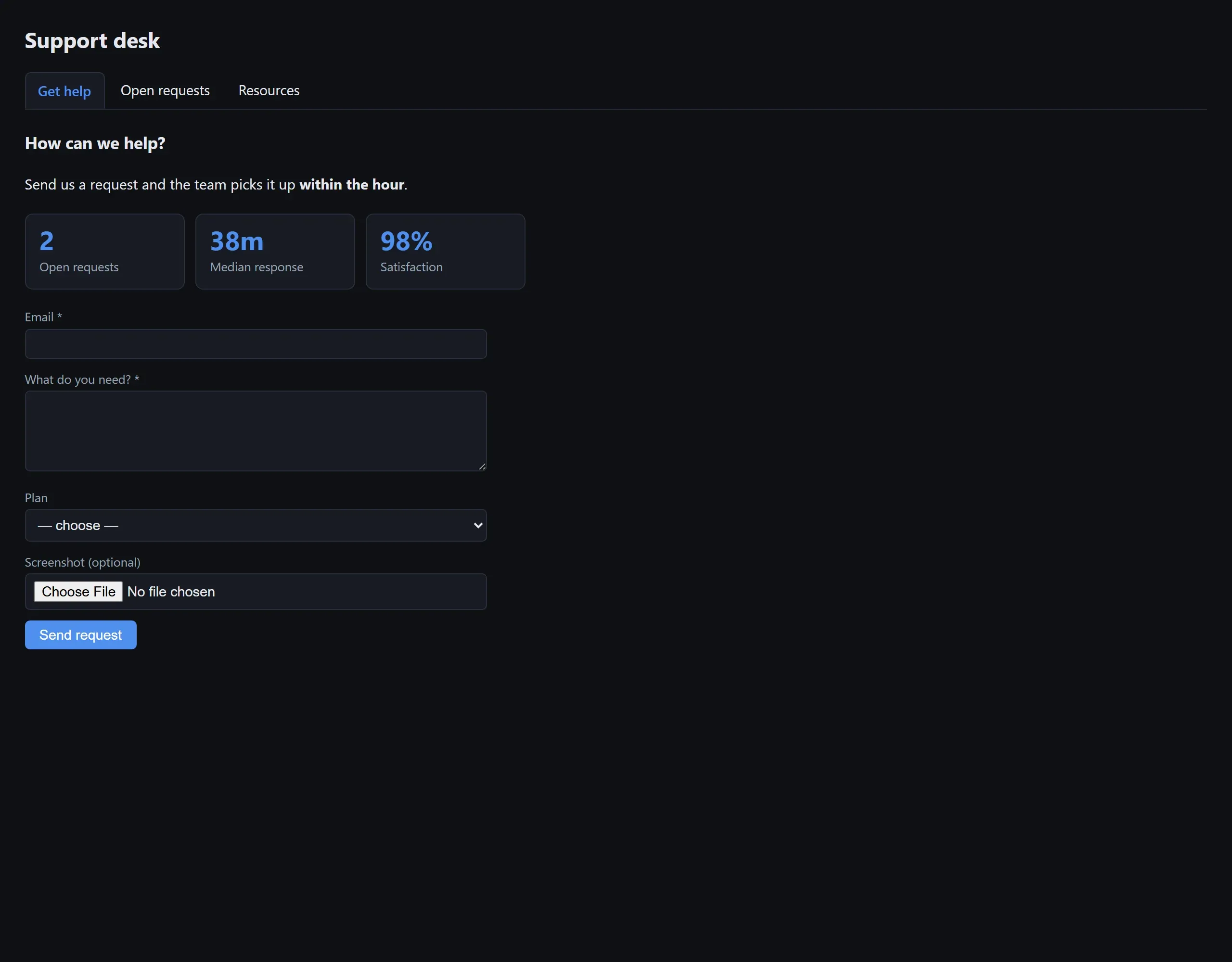 A published Support desk portal as a visitor sees it: page navigation, live stat tiles, and a request form with typed fields including a file upload