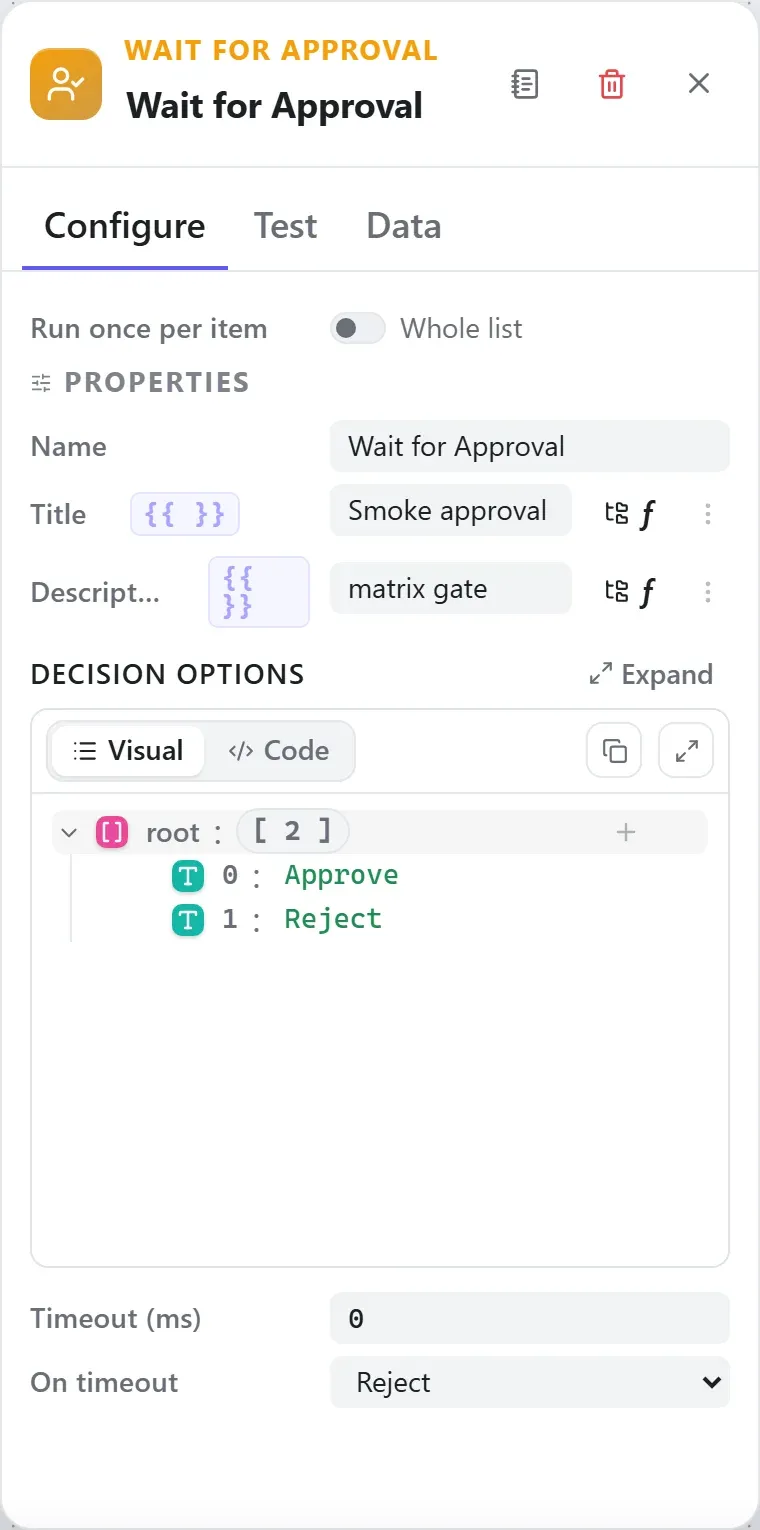 The Wait for Approval node's settings in the Studio builder