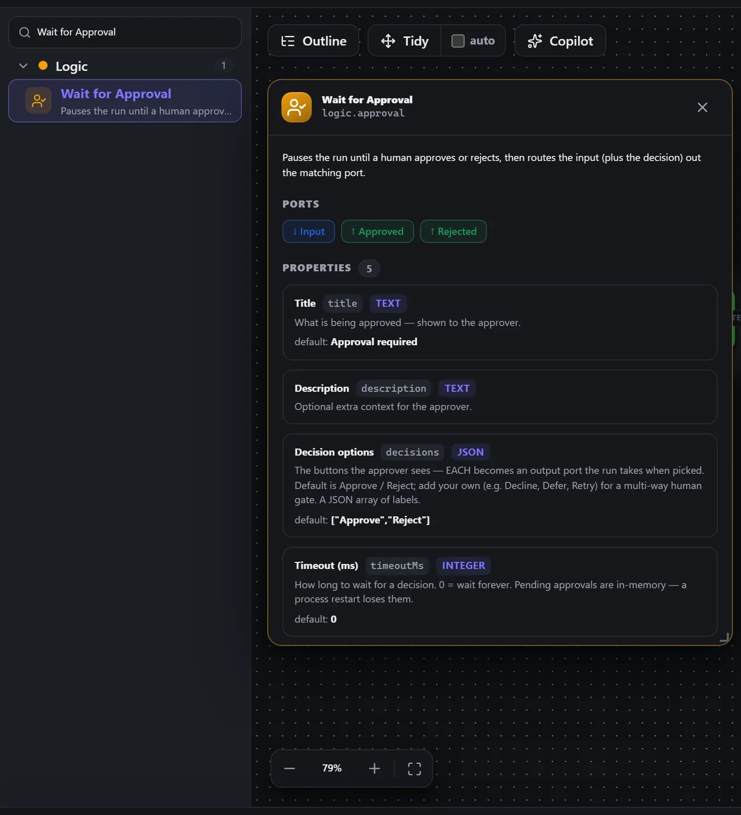 Wait for Approval in the node library, with the in-editor docs panel open