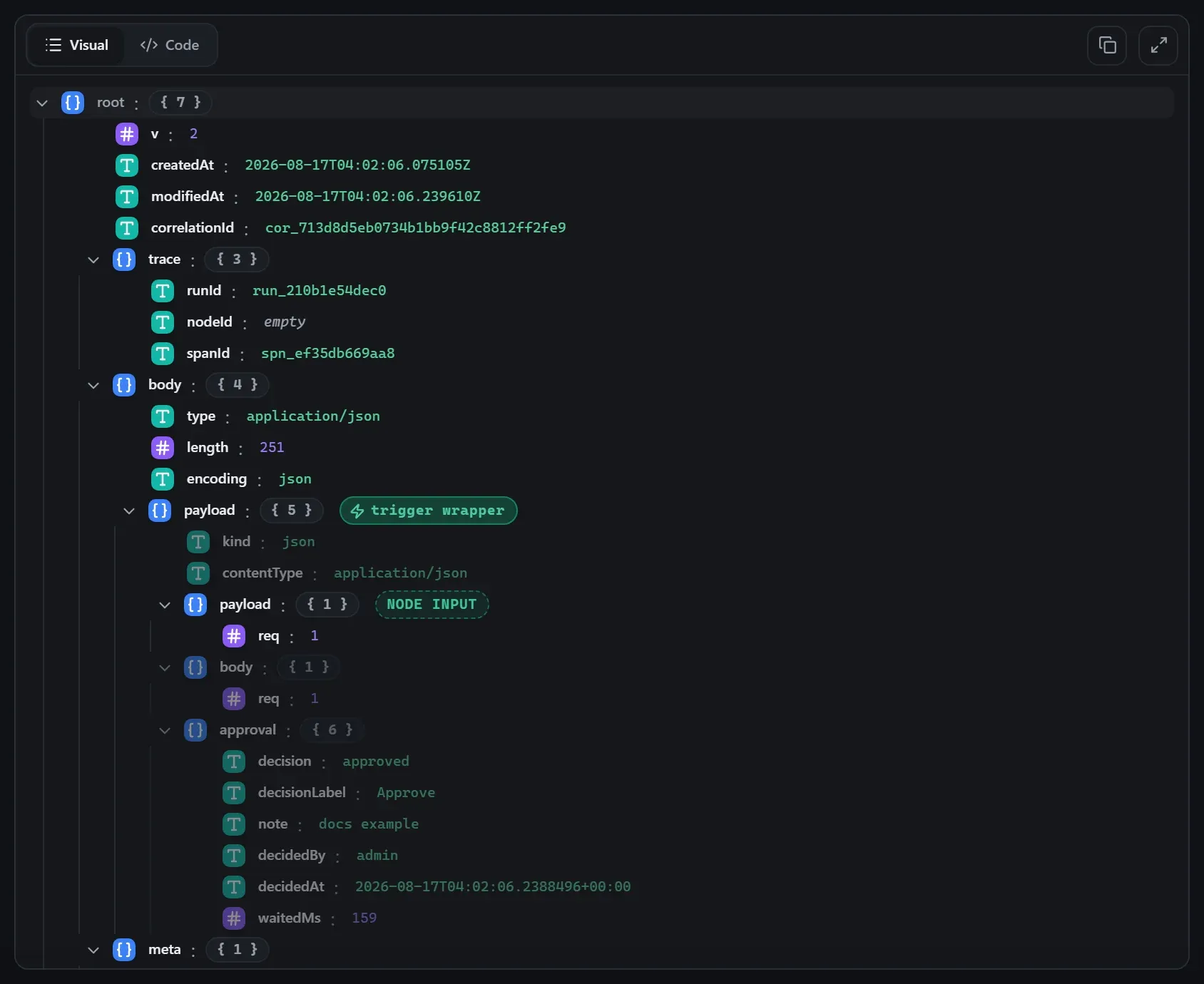 The Wait for Approval node's output envelope in the run data viewer