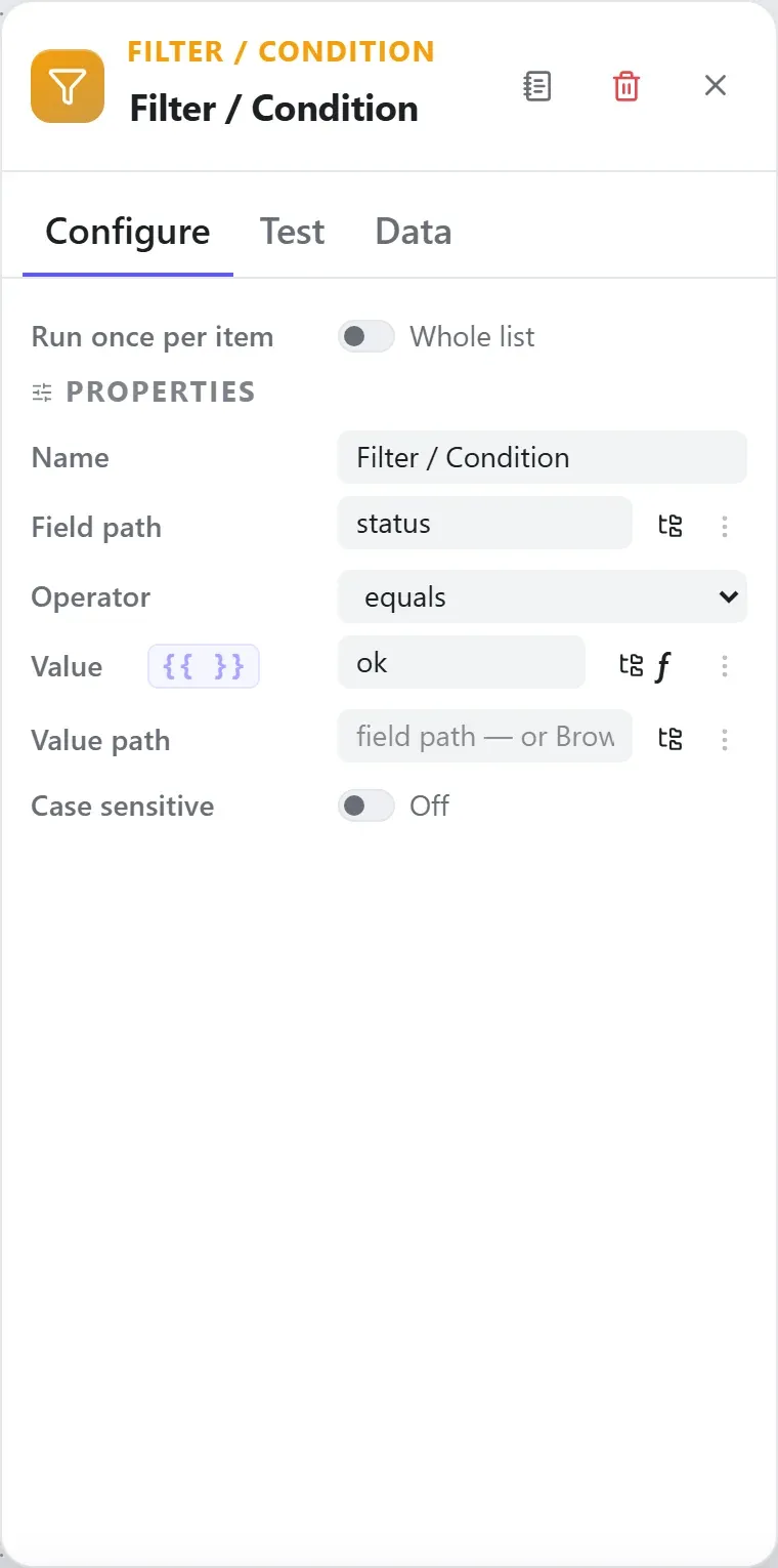 The Filter / Condition node's settings in the Studio builder