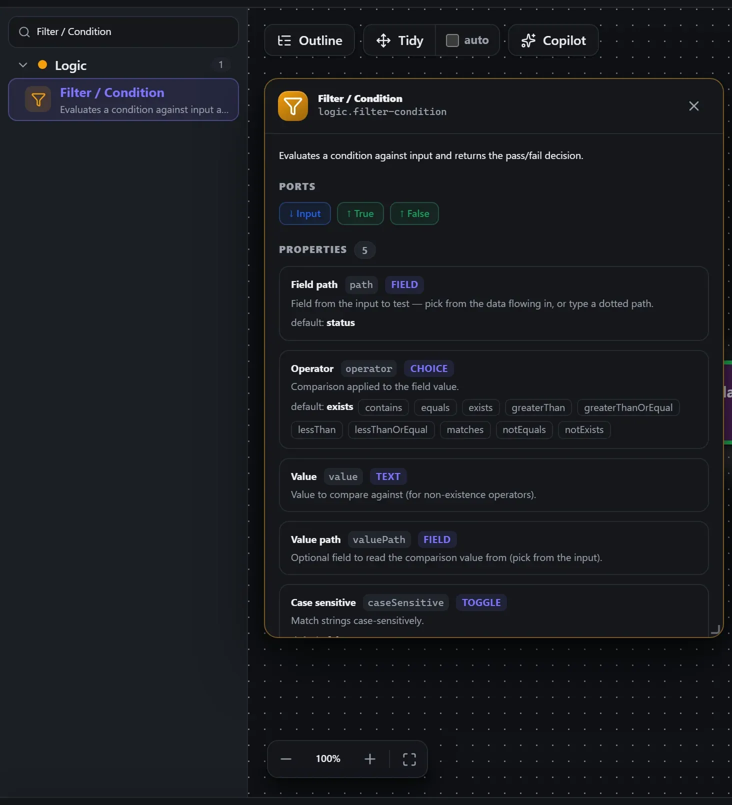 Filter / Condition in the node library, with the in-editor docs panel open