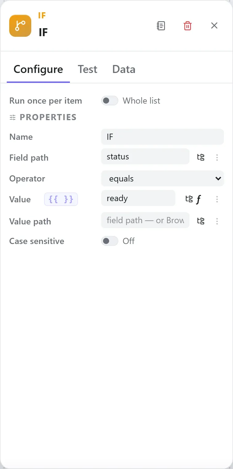 The IF node's settings in the Studio builder