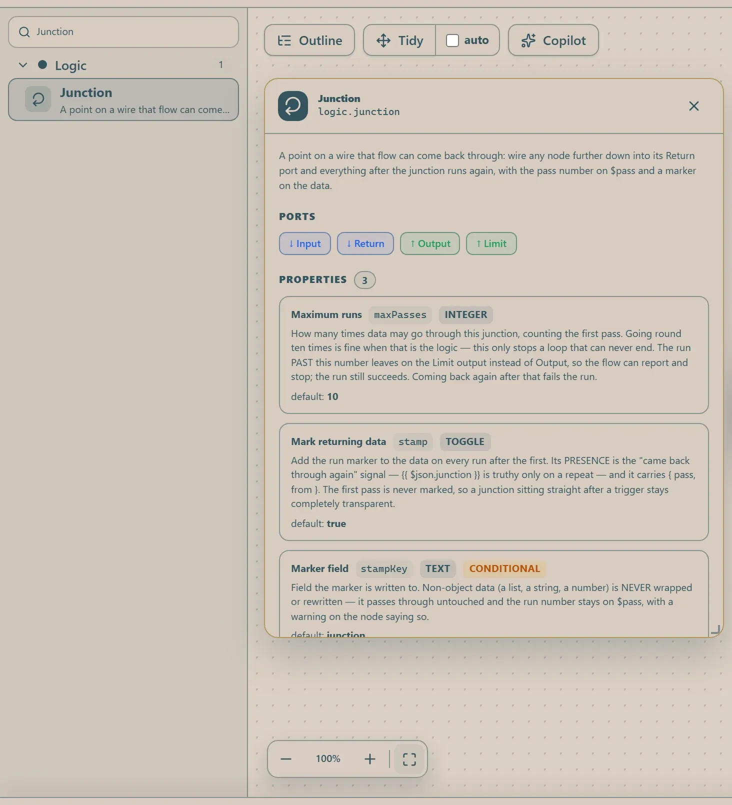 Junction in the node library, with the in-editor docs panel open