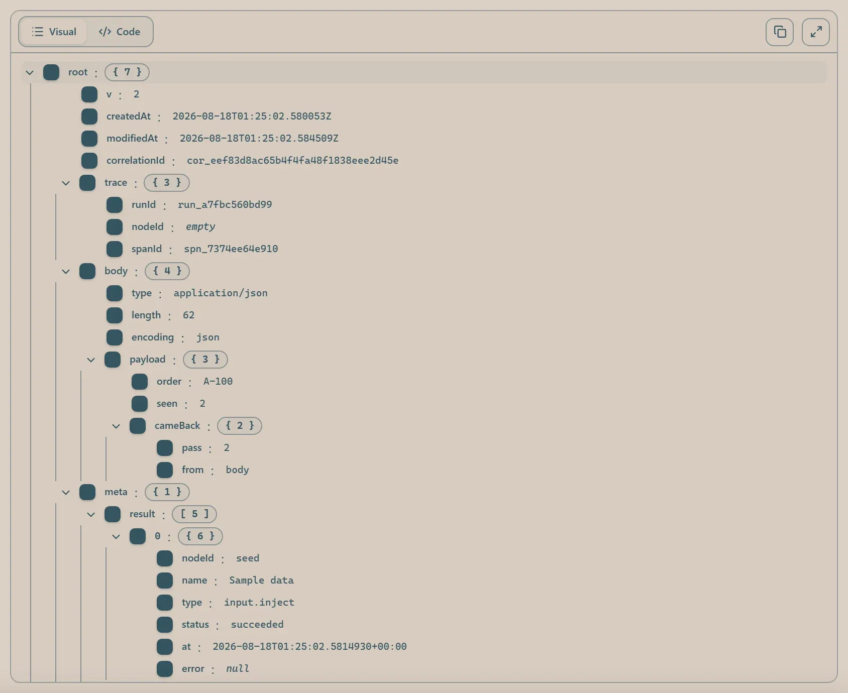 The Junction node's input envelope in the run data viewer