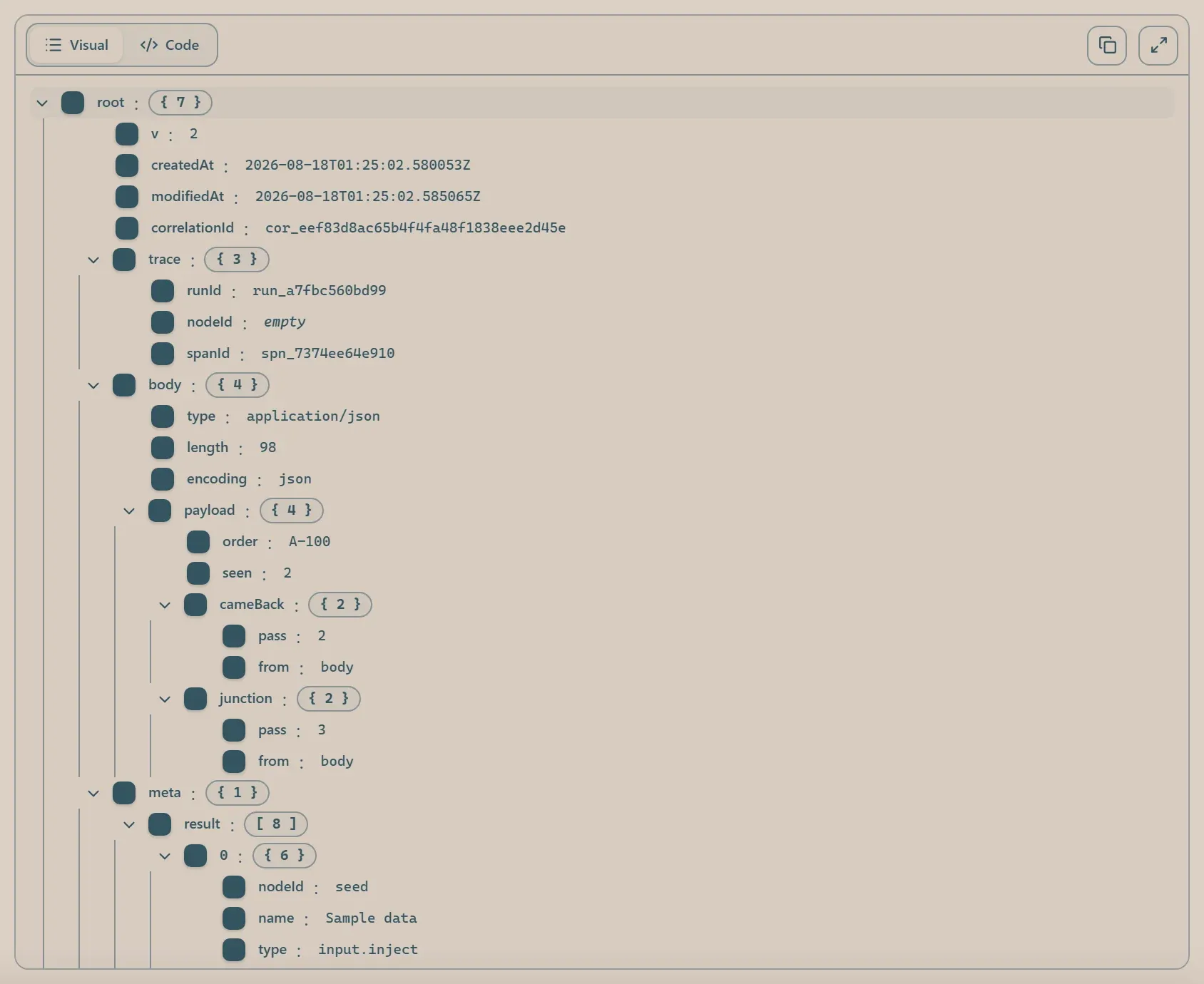 The Junction node's output envelope in the run data viewer