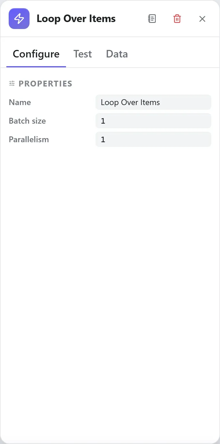 The Loop Over Items node's settings in the Studio builder