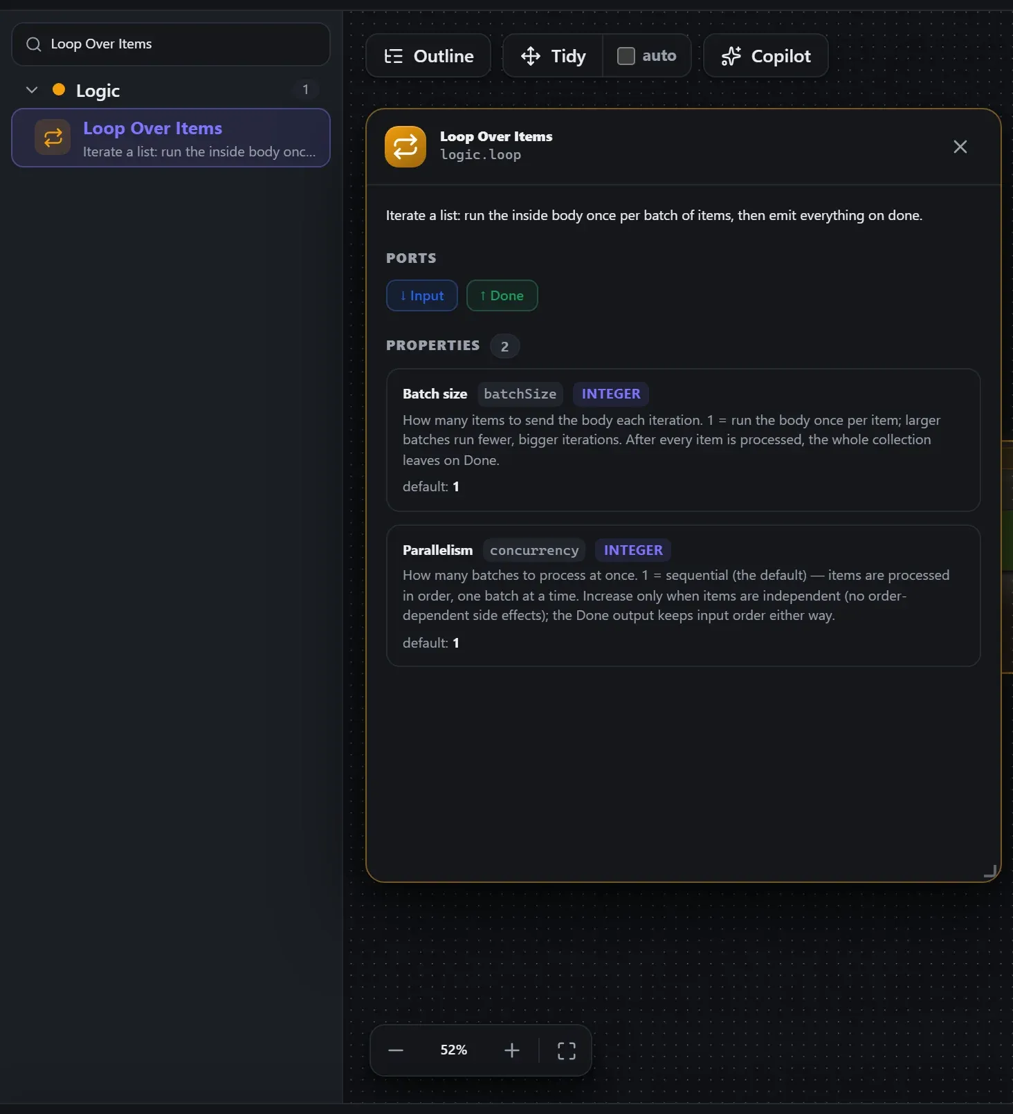 Loop Over Items in the node library, with the in-editor docs panel open