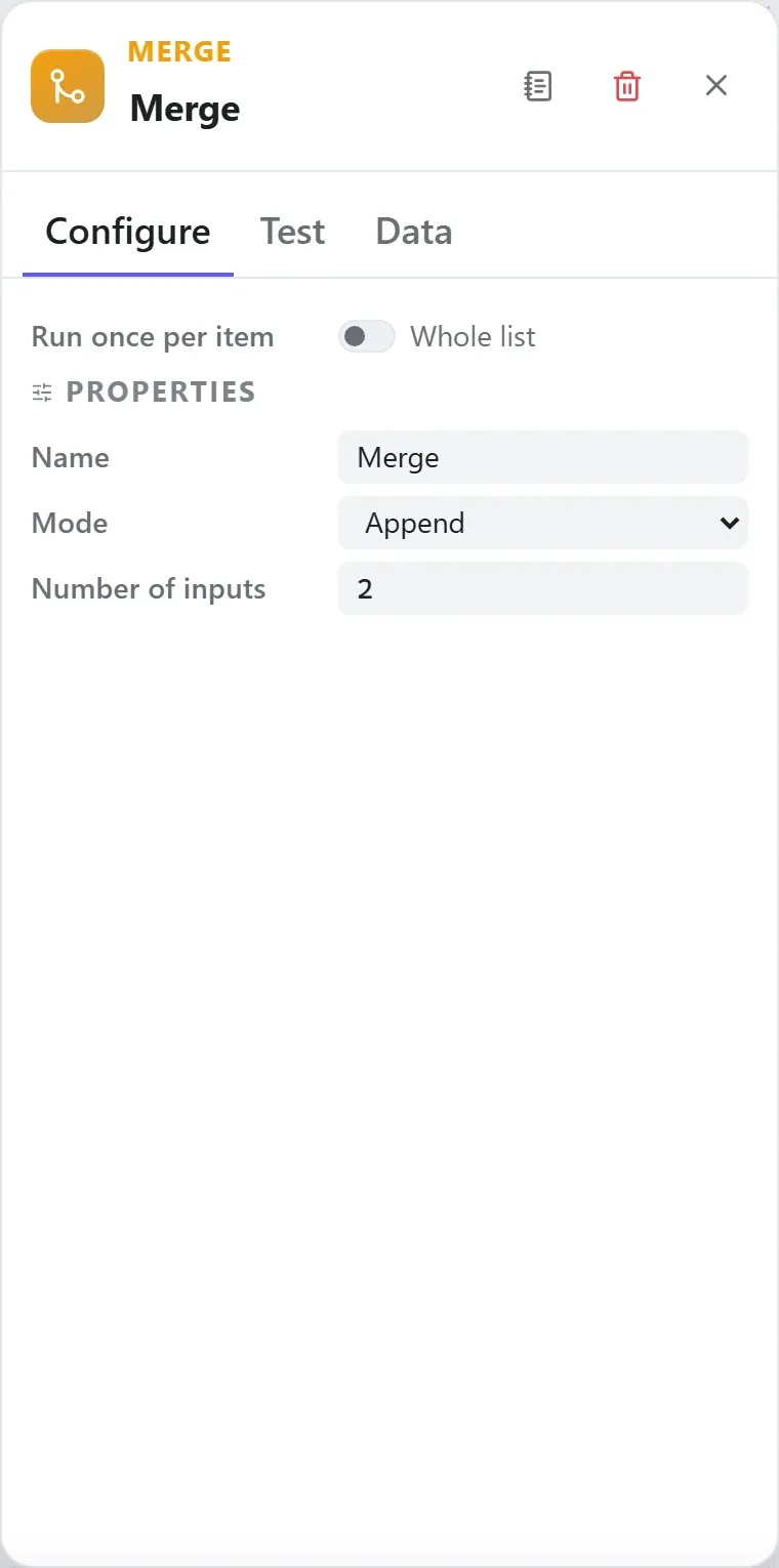 The Merge node's settings in the Studio builder