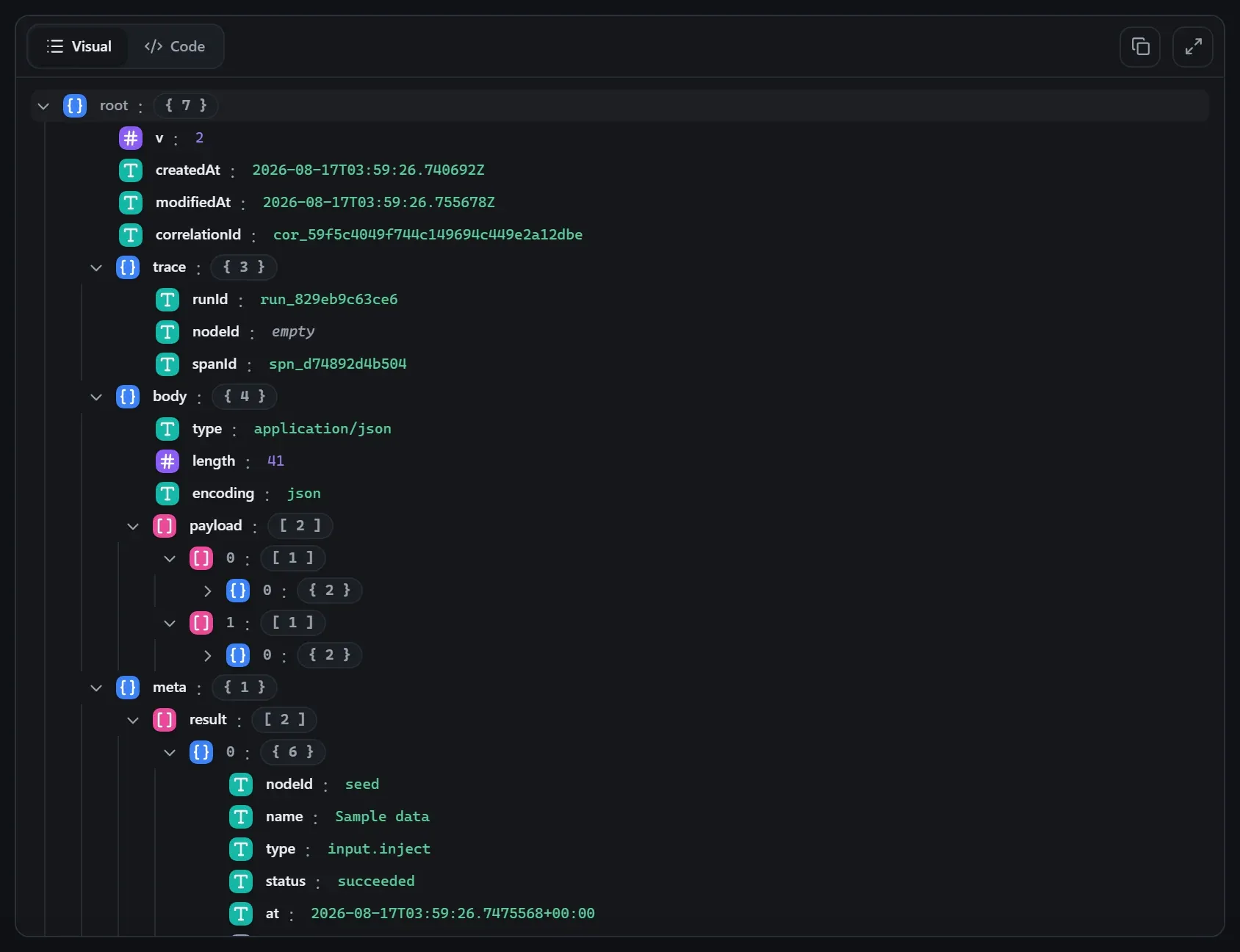 The Merge node's input envelope in the run data viewer