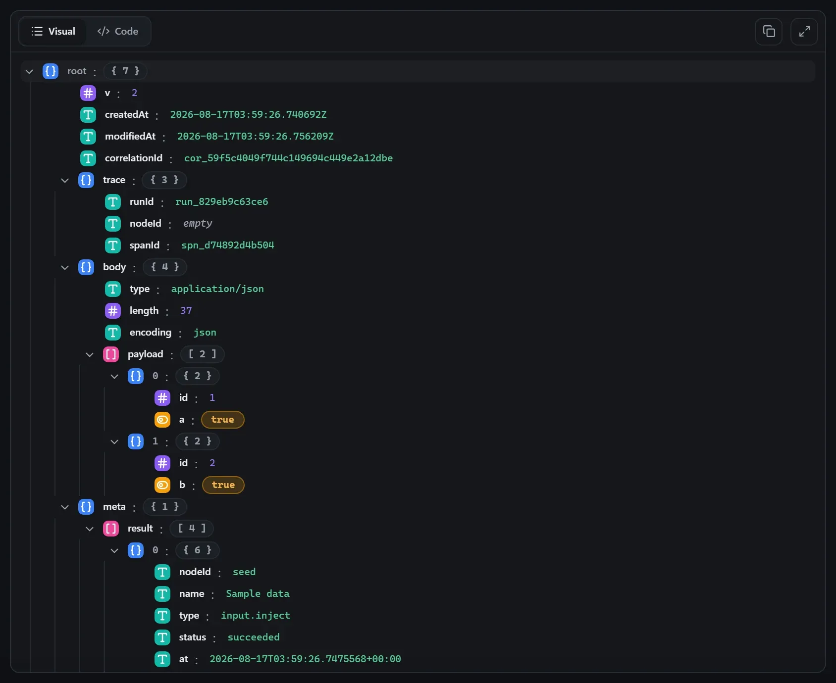 The Merge node's output envelope in the run data viewer