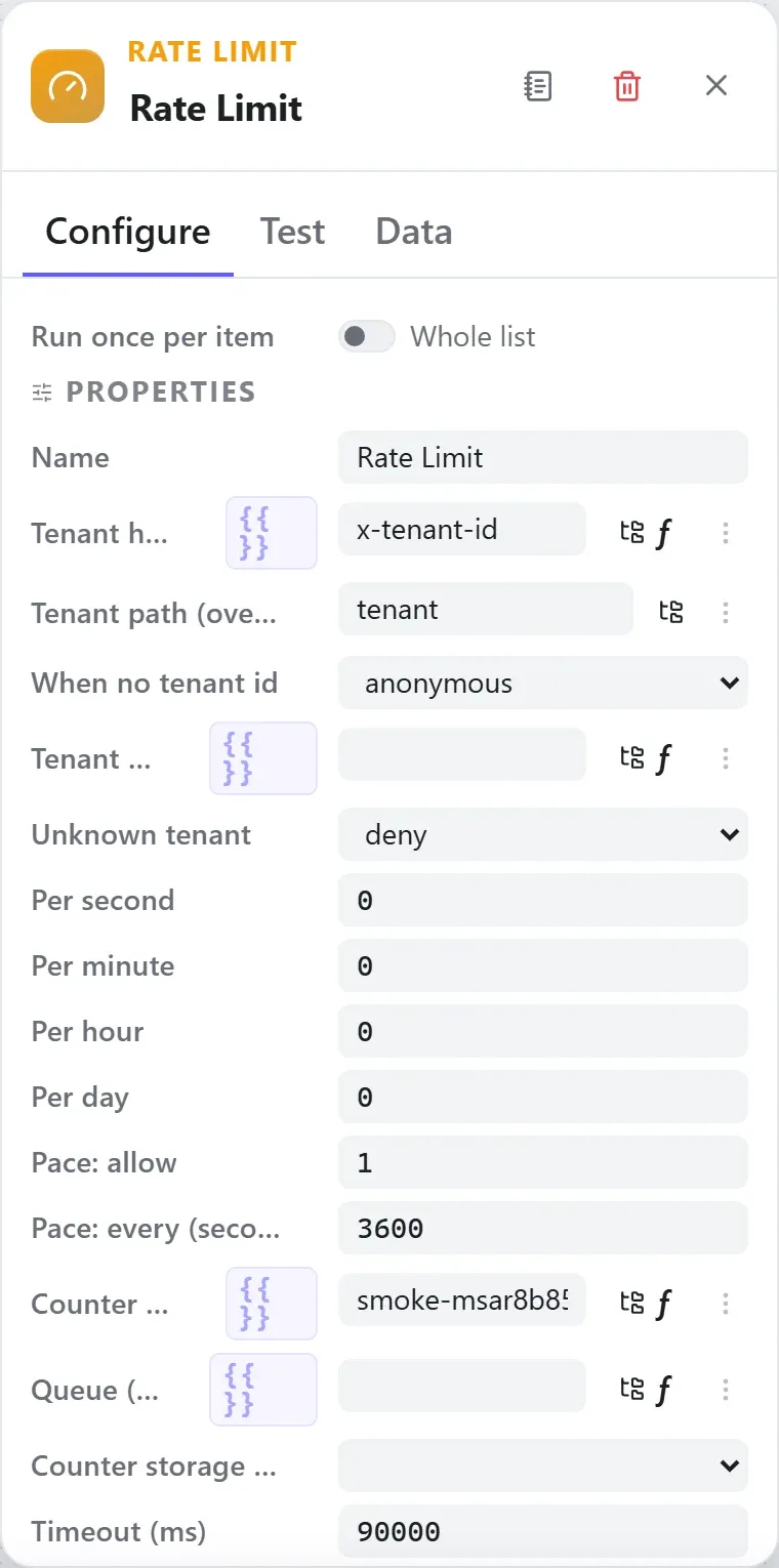 The Rate Limit node's settings in the Studio builder
