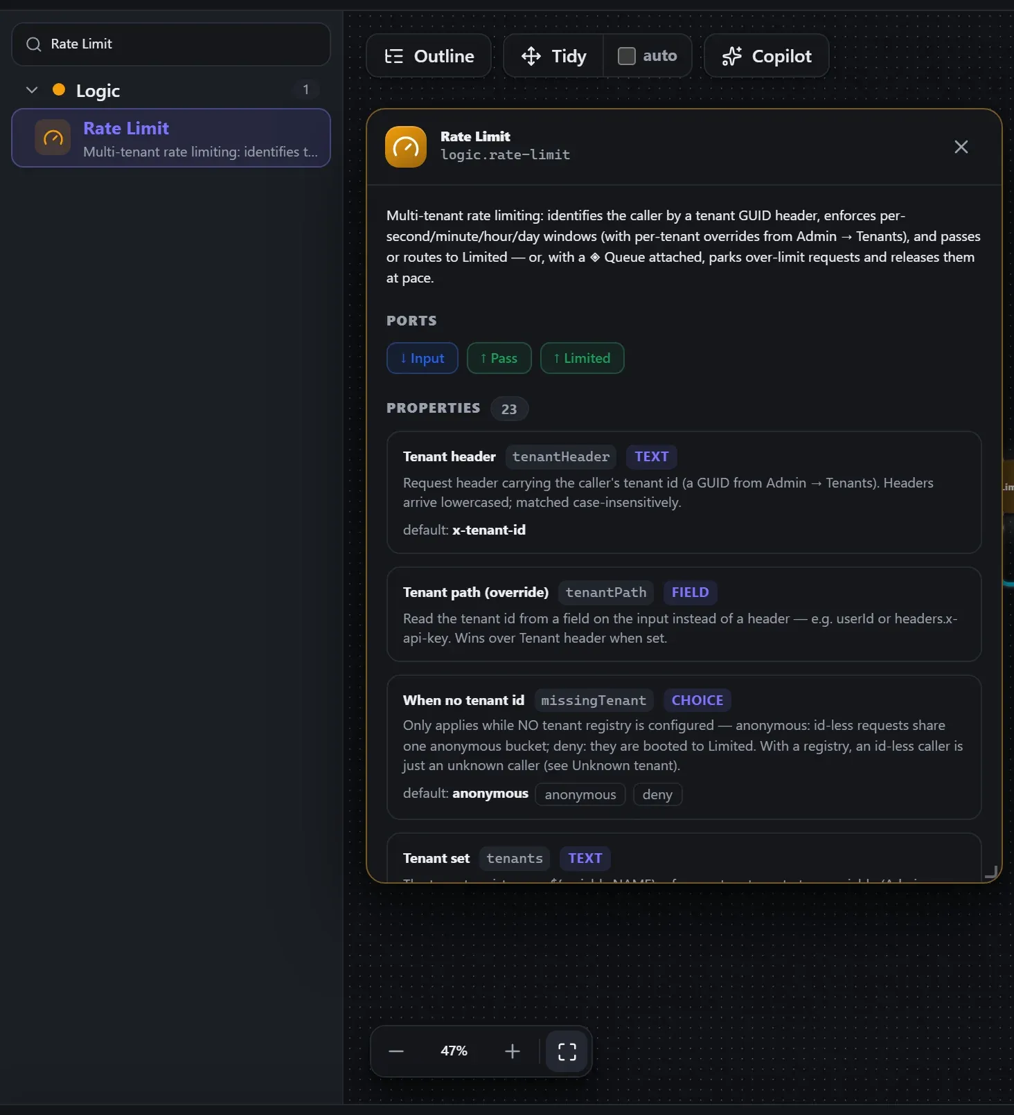 Rate Limit in the node library, with the in-editor docs panel open