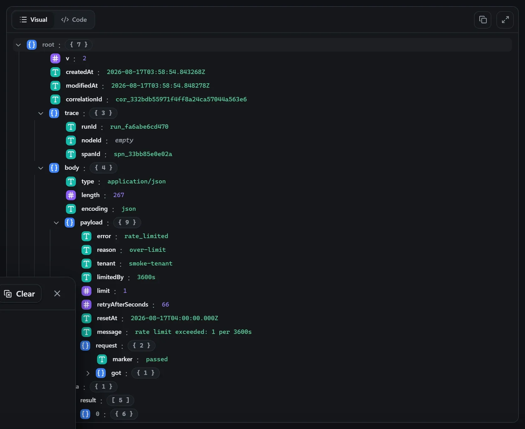 The Rate Limit node's output envelope in the run data viewer