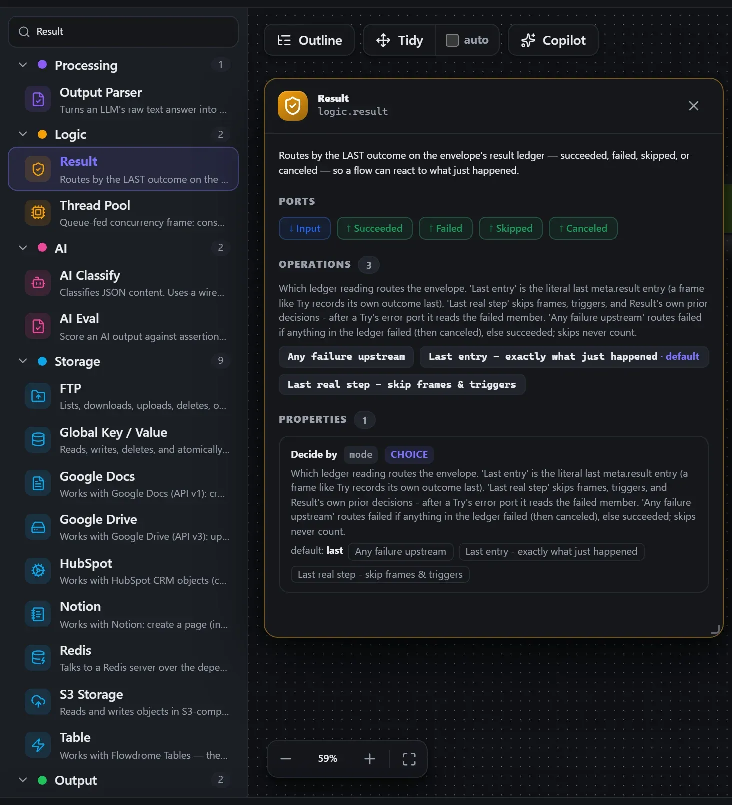 Result in the node library, with the in-editor docs panel open