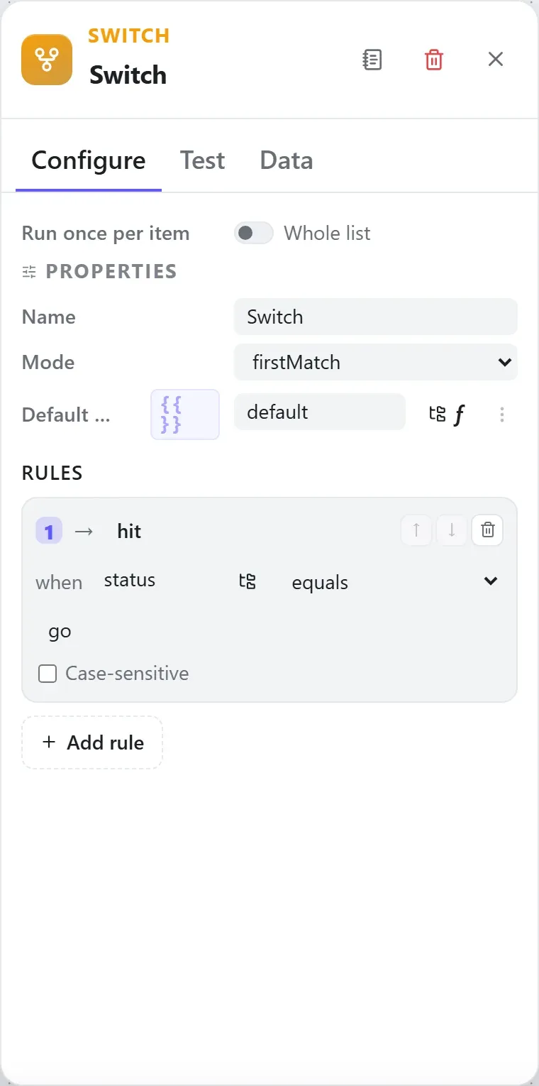 The Switch node's settings in the Studio builder