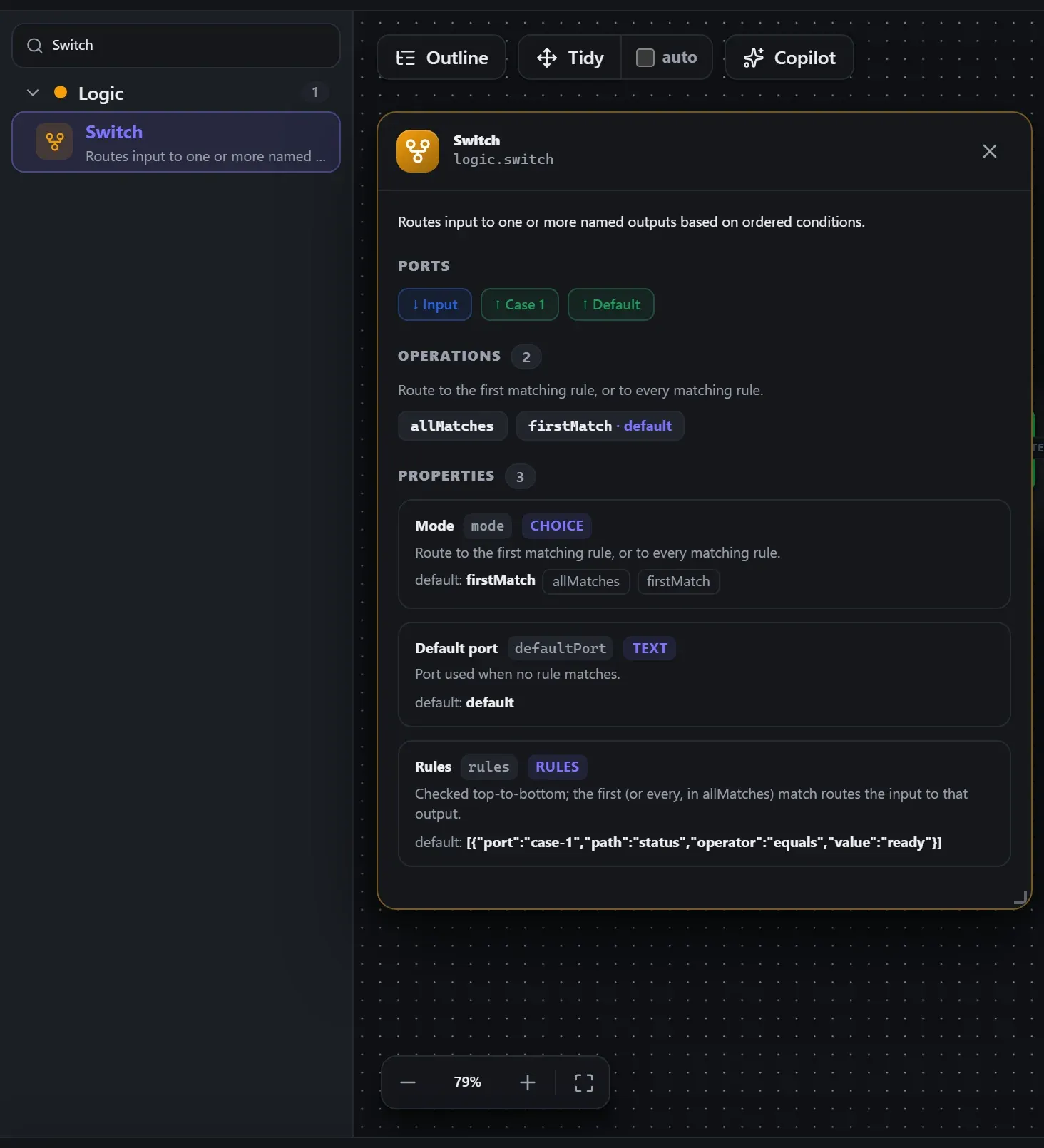 Switch in the node library, with the in-editor docs panel open