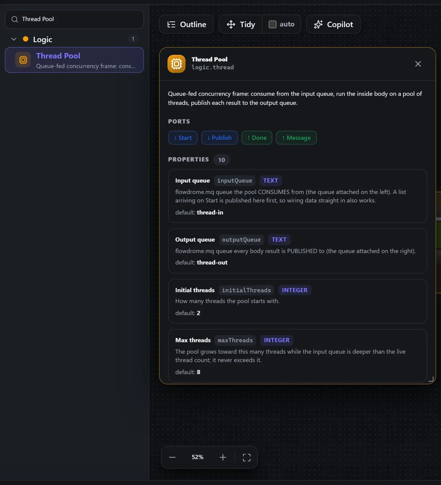 Thread Pool in the node library, with the in-editor docs panel open