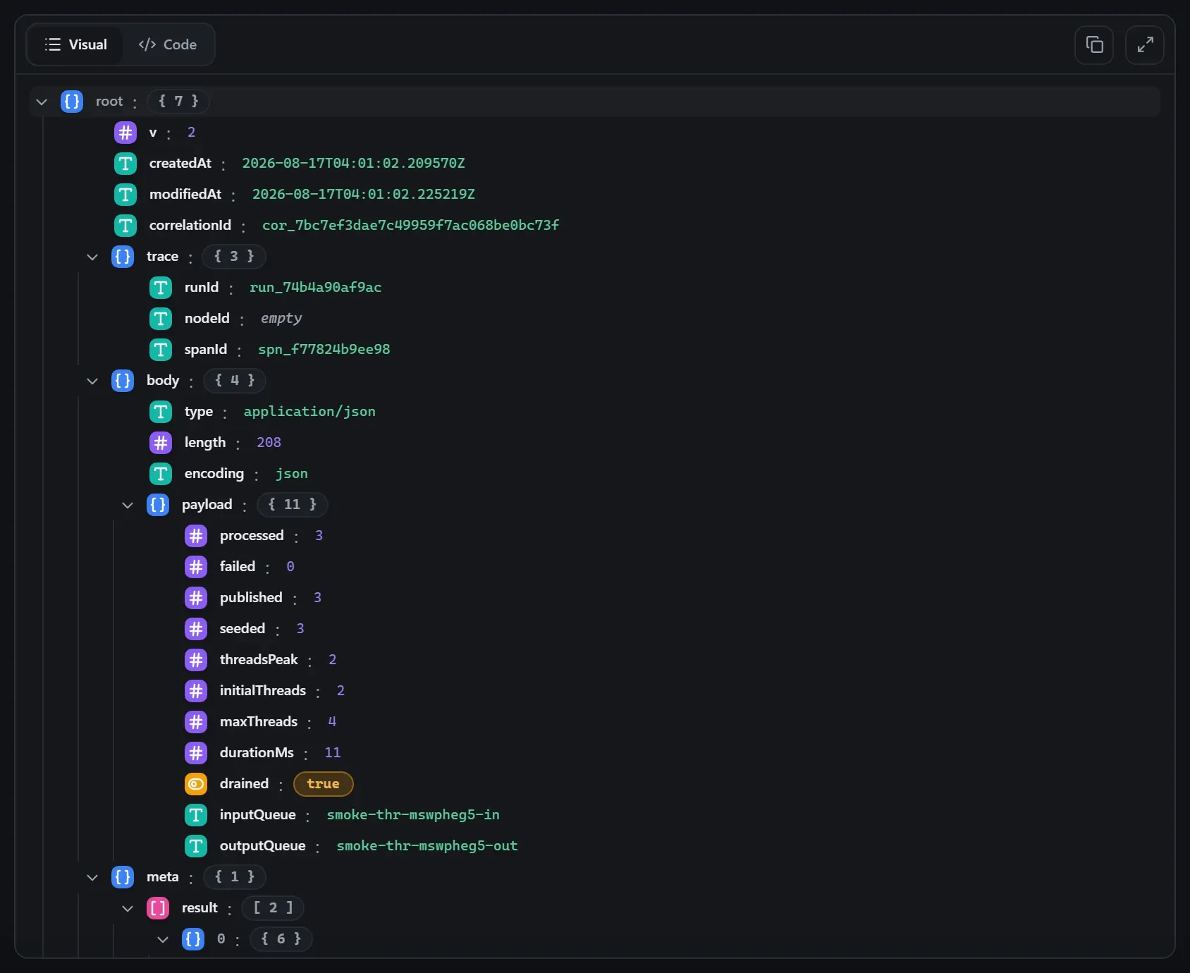 The Thread Pool node's output envelope in the run data viewer