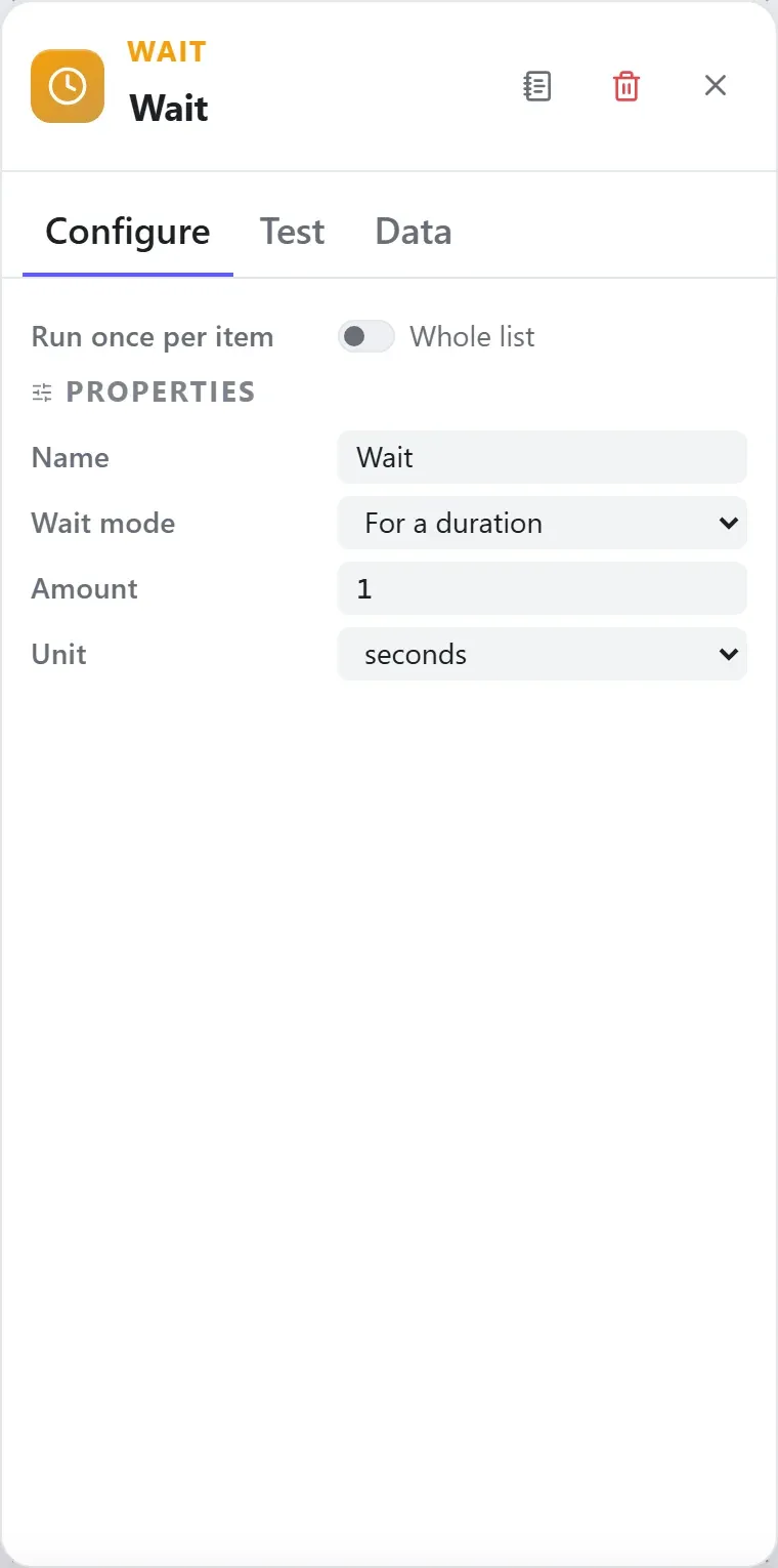 The Wait node's settings in the Studio builder