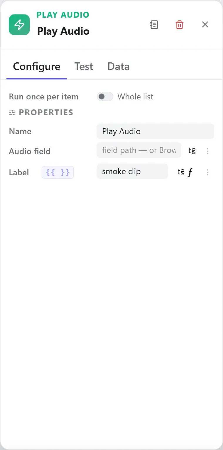 The Play Audio node's settings in the Studio builder