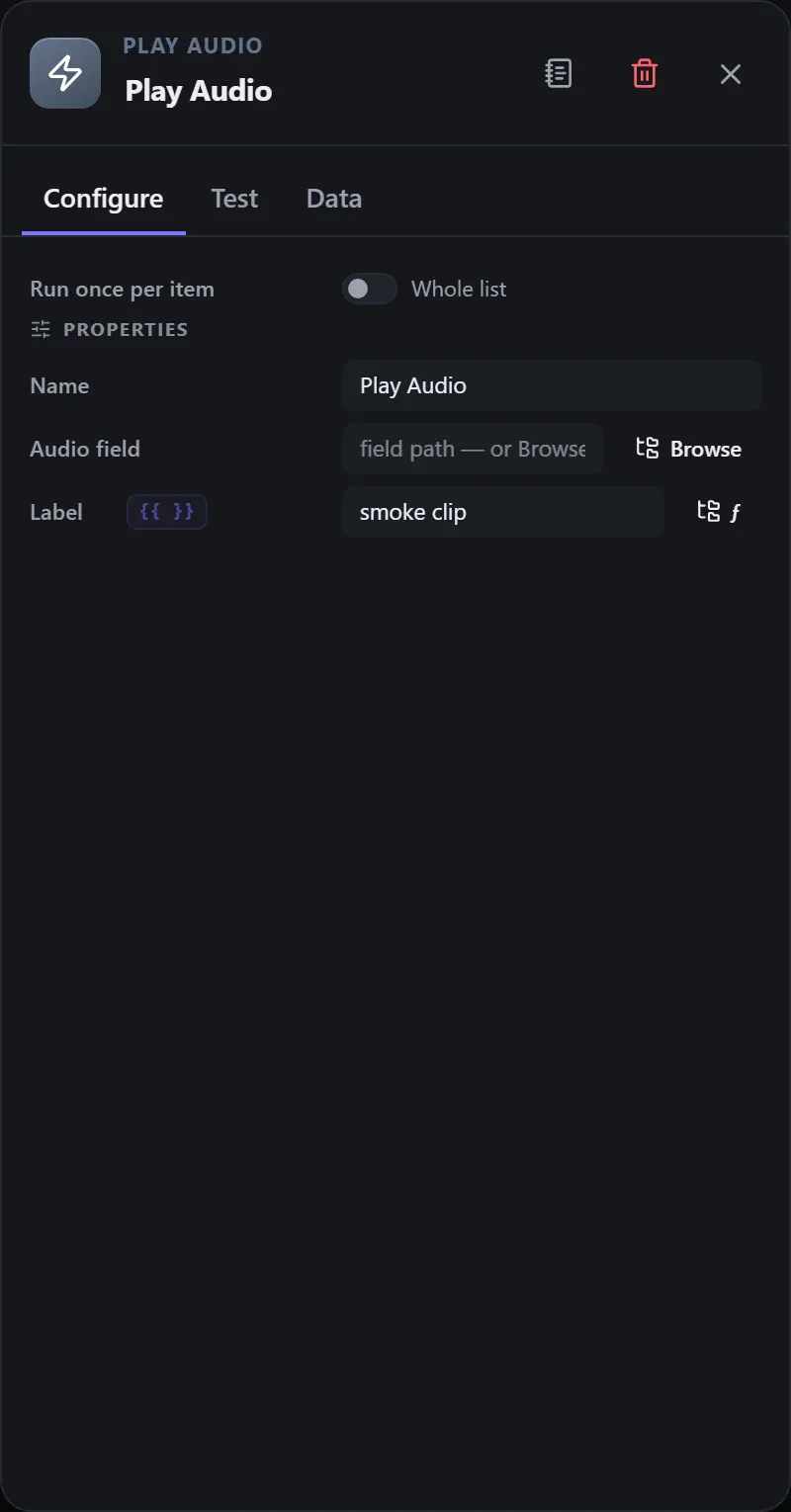 The Play Audio node's Configure panel in the Studio builder