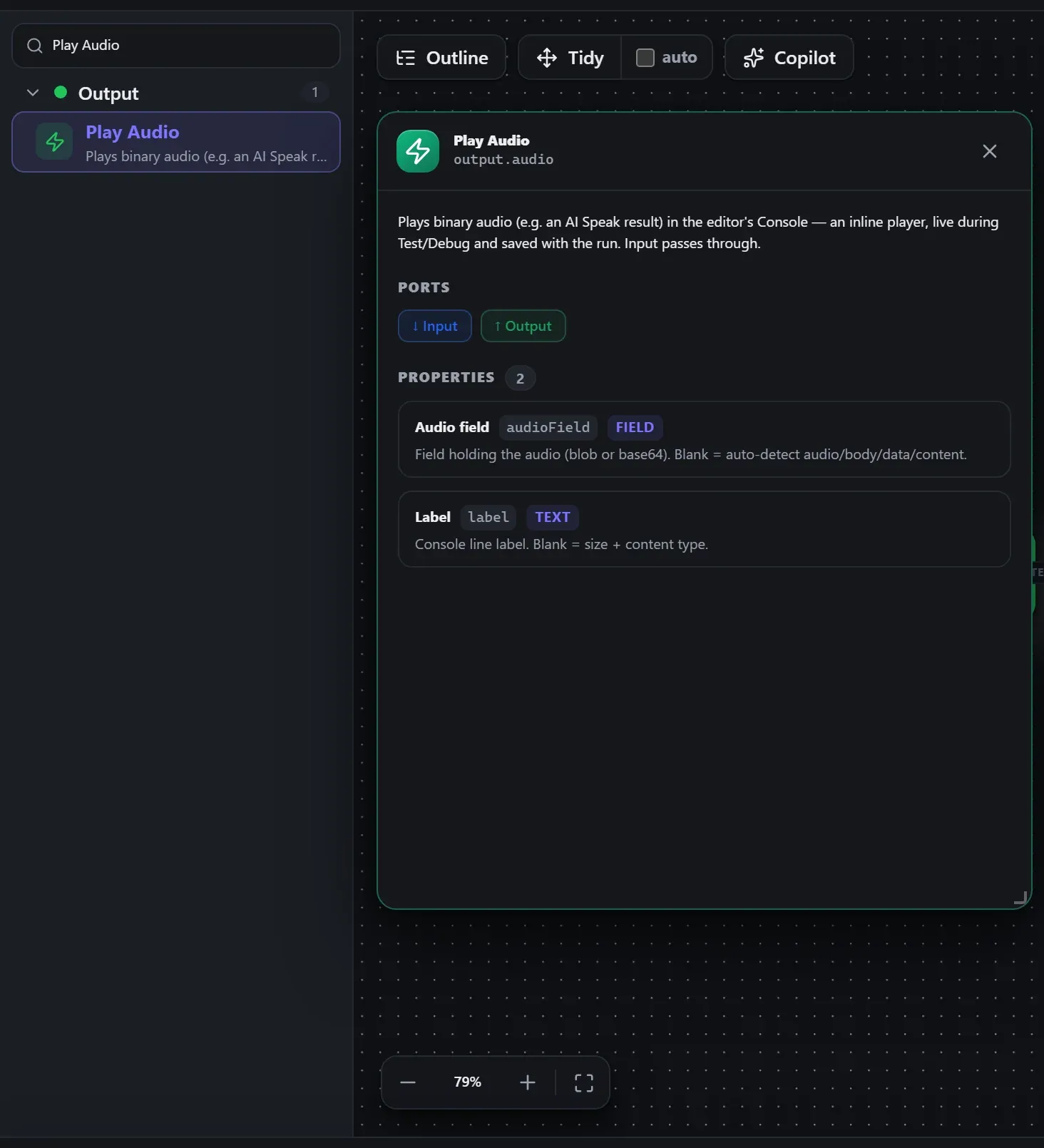 Play Audio in the node library, with the in-editor docs panel open