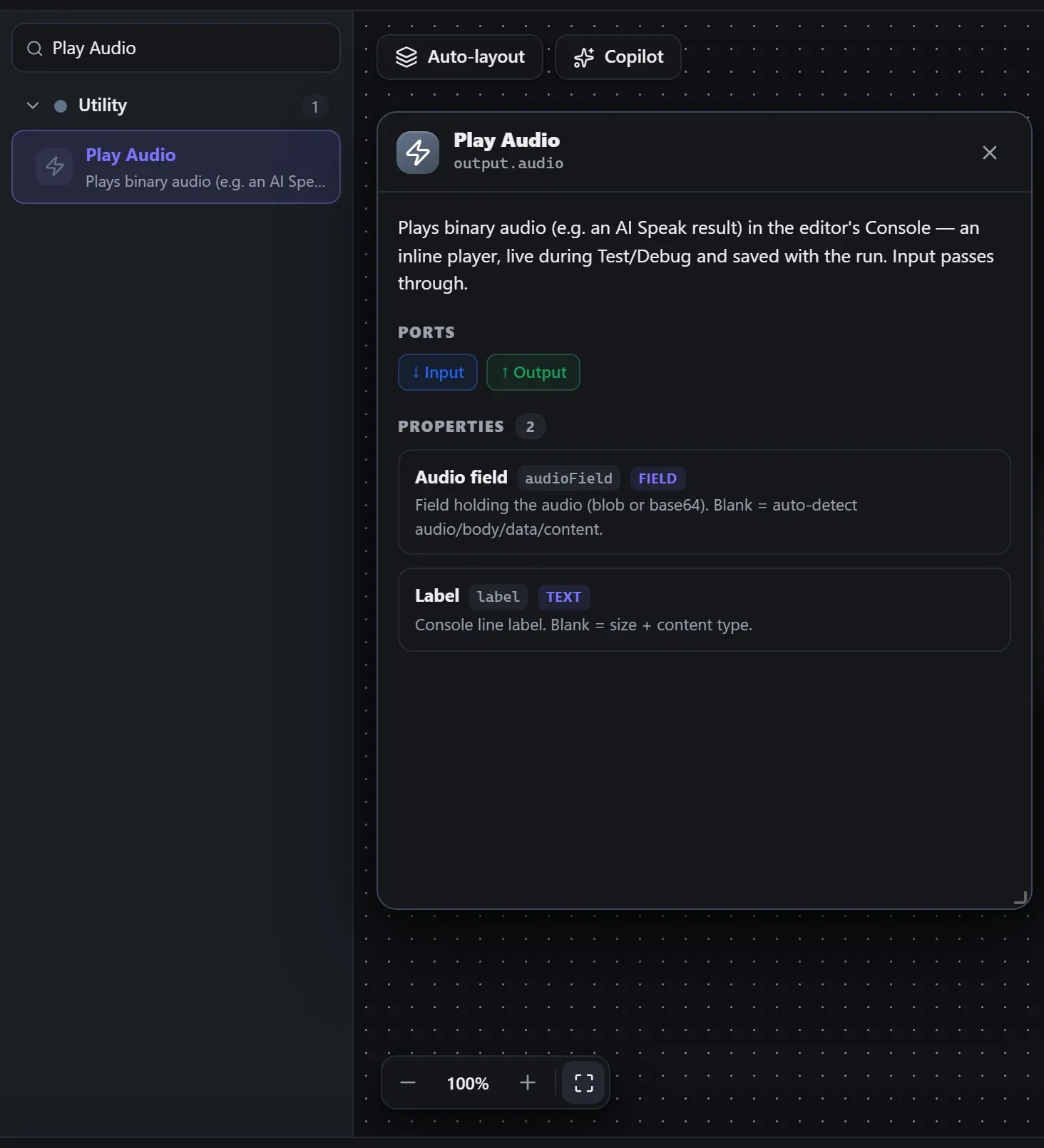 Play Audio in the node library, with the in-editor docs panel open