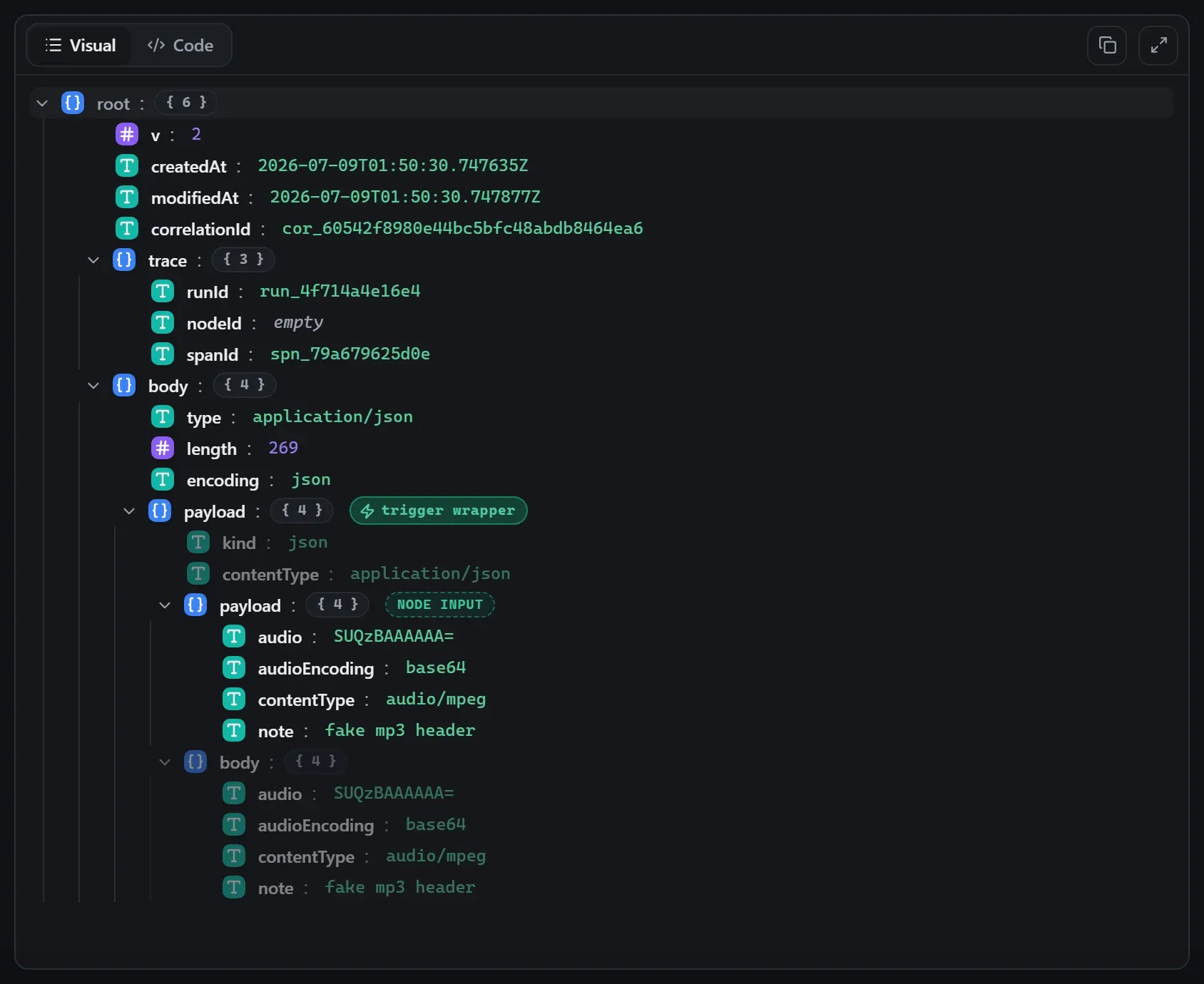 The Play Audio node's input envelope in the run data viewer