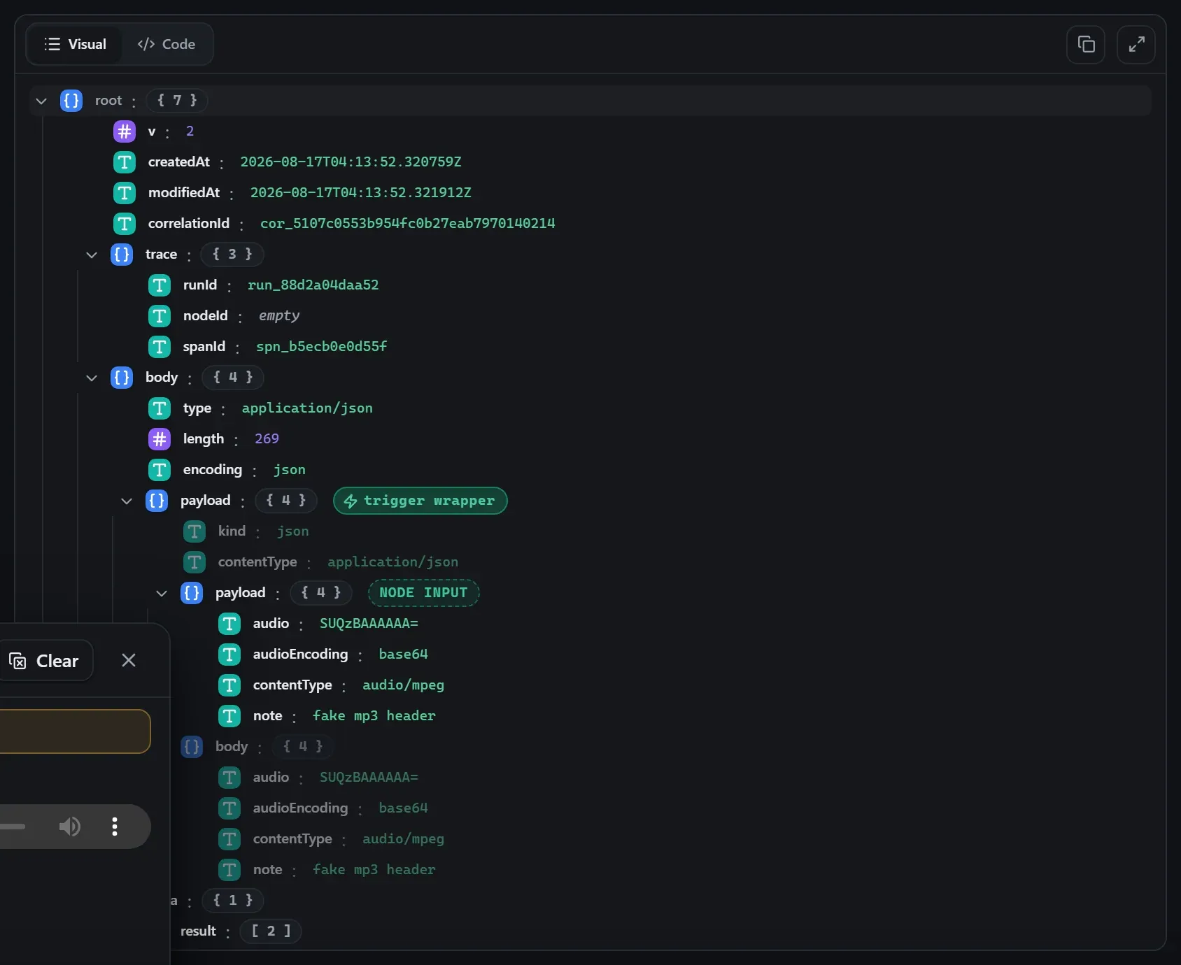 The Play Audio node's output envelope in the run data viewer