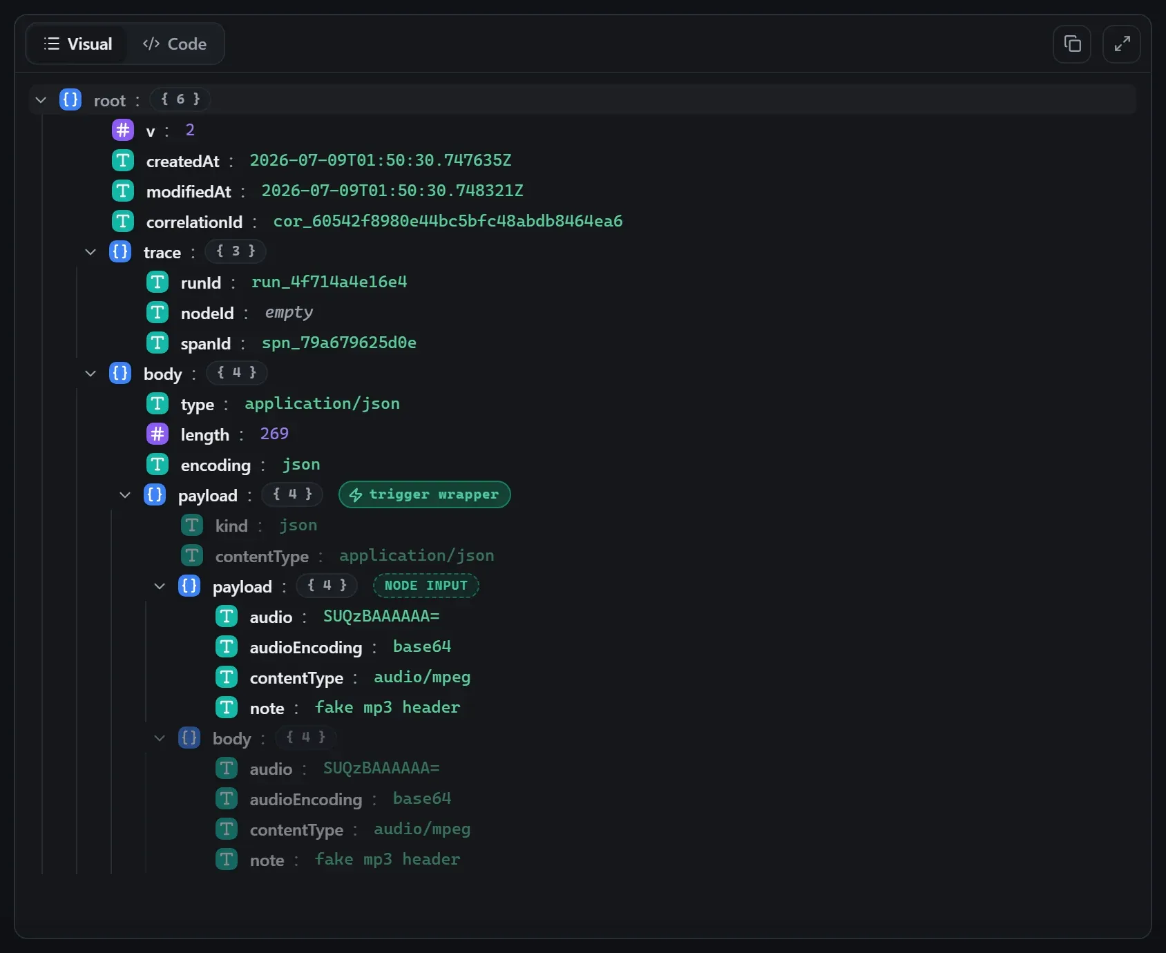 The Play Audio node's output envelope in the run data viewer